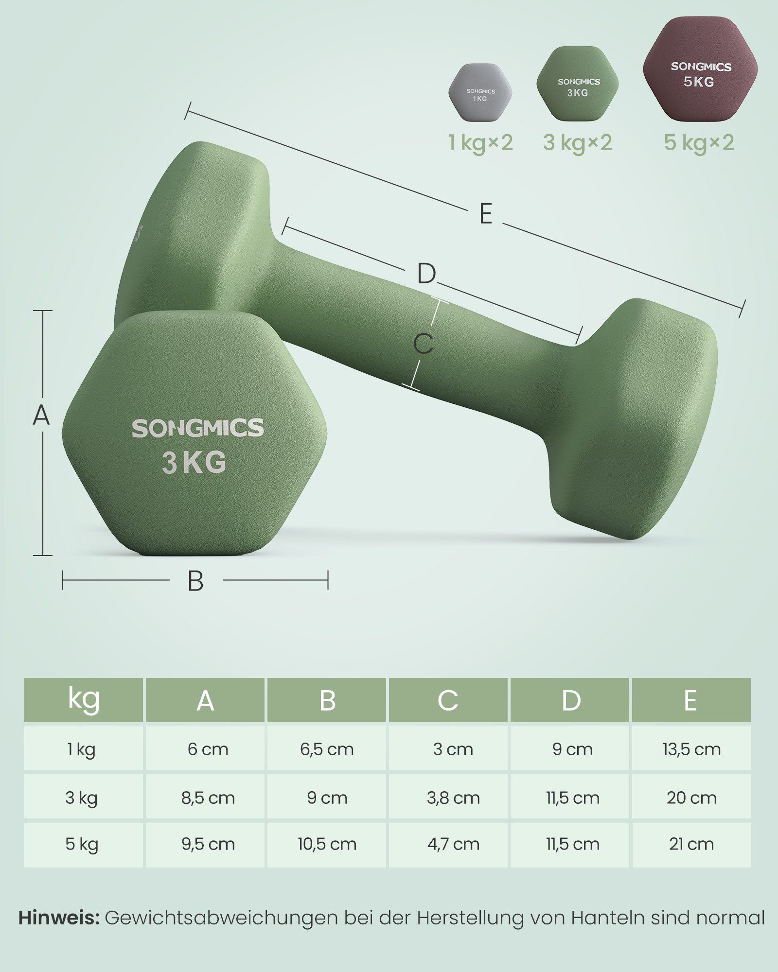 SONGMICS Kurzhantel Set, Hexagon, 2 x 1 kg, 2 x 3 kg, 2 x 5 kg, Krafttraining, zu Hause, mattes Finish, Neopren-Beschichtung, hellgrau, efeugrün, weinrot