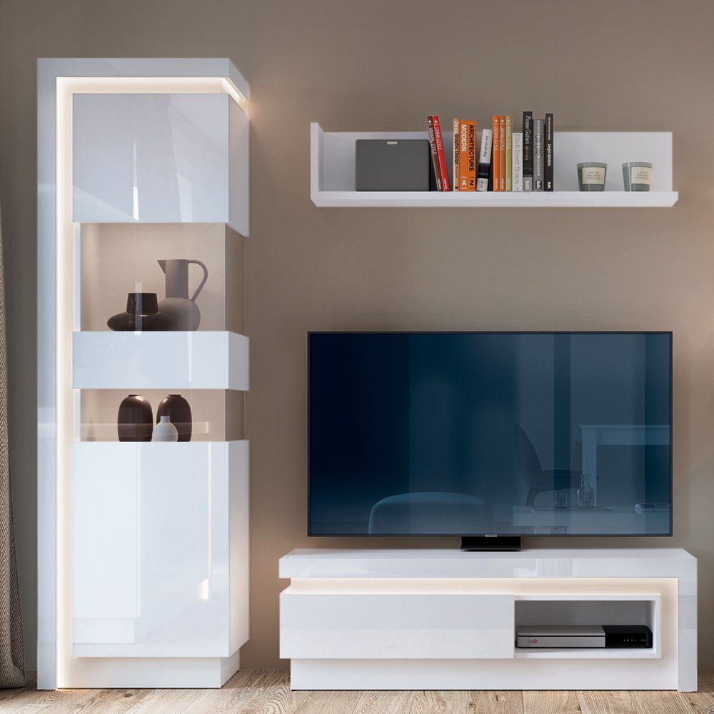 Lomadox Wohnzimmer-Set LYNDHURST-129, (Mega-Spar-Set, 3-St., 3-tlg), in weiß Hochglanz mit indirekter Beleuchtung, B/H/T 206/198,5/42 cm