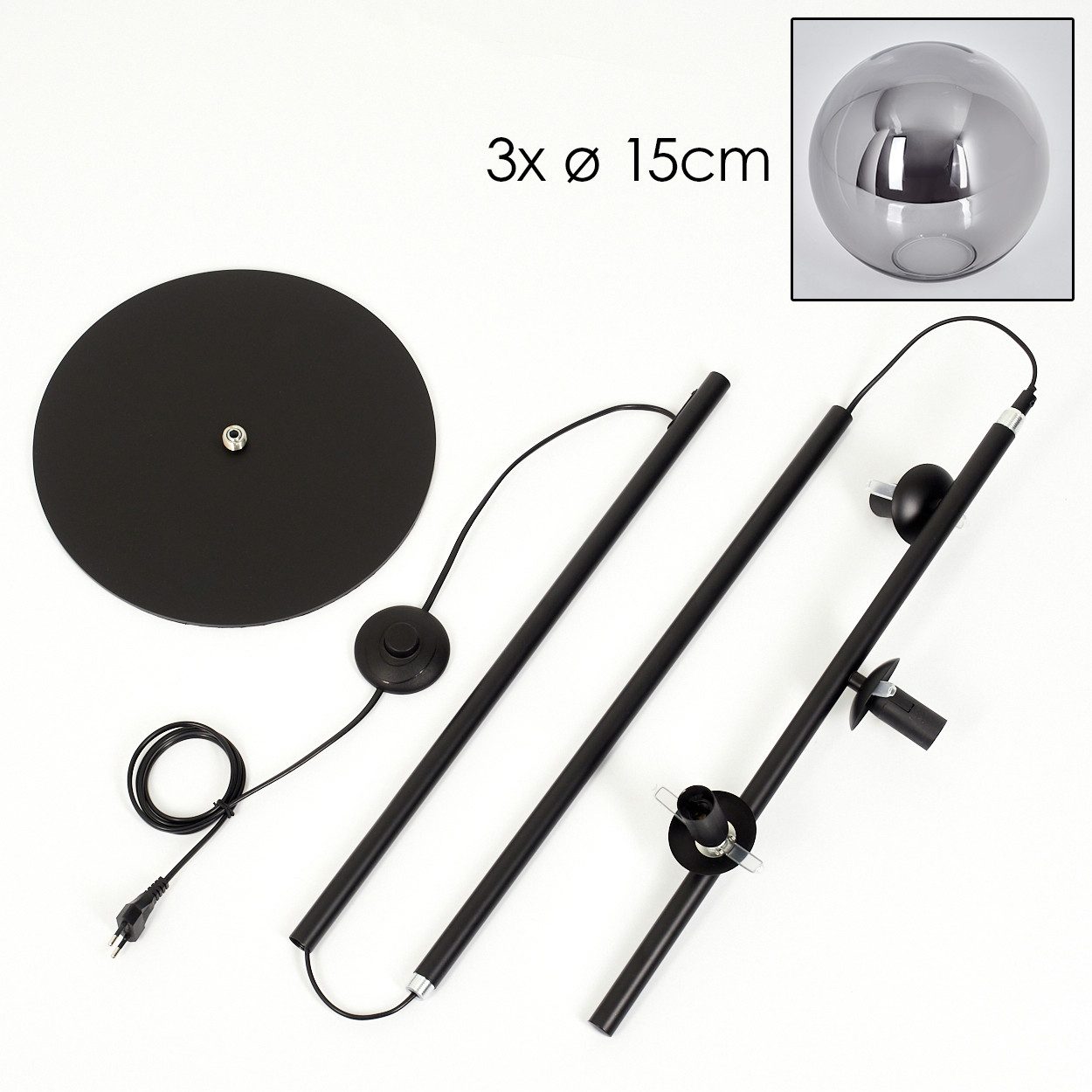hofstein Stehlampe Stehlampe aus Metall/Glas in Schwarz/Rauchfarben, ohne Leuchtmittel, Leuchte mit Glasschirmen (15cm),Schalter, 3 x E14, ohne Leuchtmittel – Bild 5 von 5