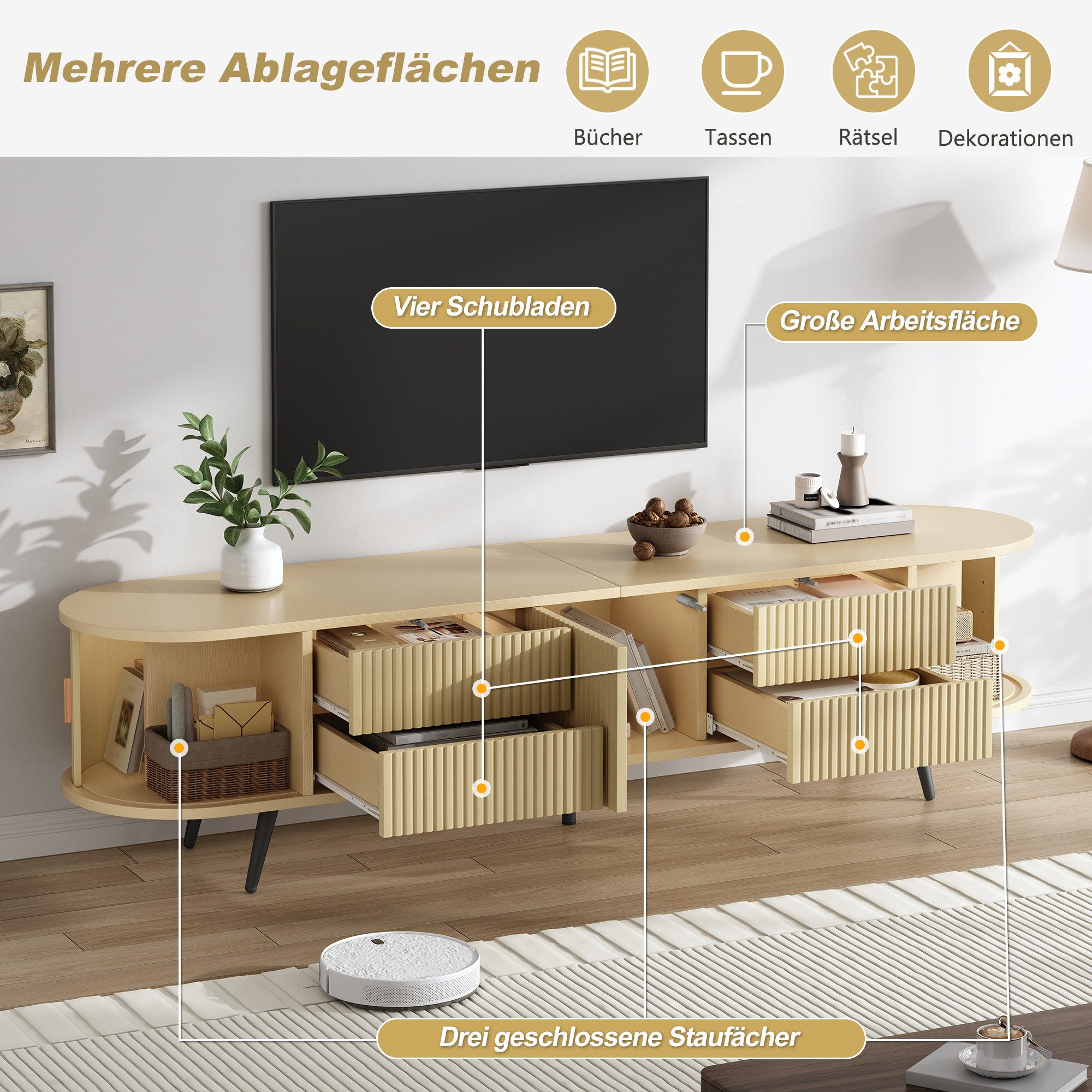 Merax Lowboard Ovaler TV-Ständer mit Vertikalen Streifen (1 St), TV-Schrank mit 4 Schubladen, 2 Rollladentüren & Stauraum, 180x40x45cm – Bild 5 von 5