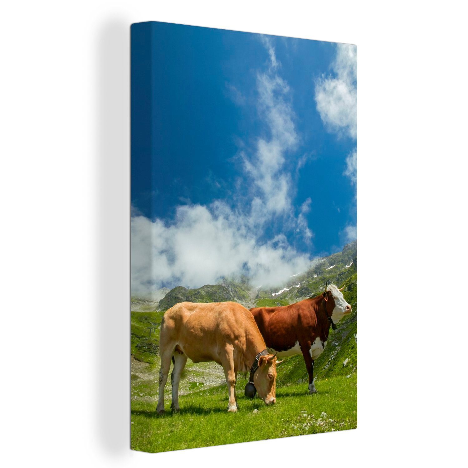 St), Leinwandbild 20x30 cm Kühe - Gemälde, Zackenaufhänger, inkl. Leinwandbild OneMillionCanvasses® - (1 Licht fertig bespannt Alpen,
