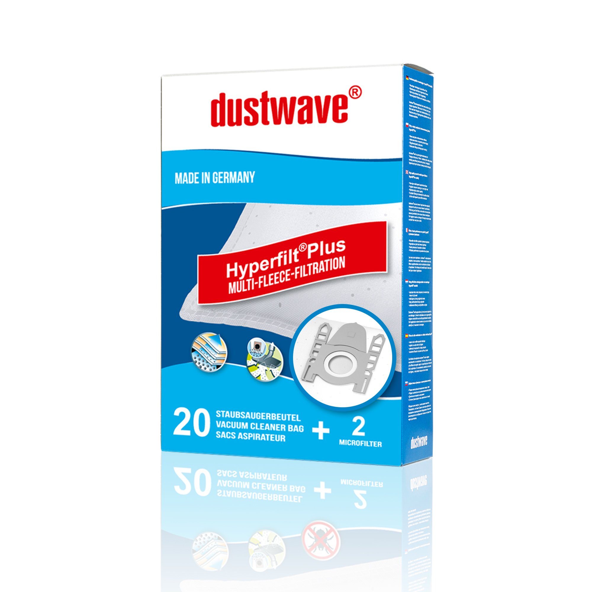 Dustwave Staubsaugerbeutel Megapack, passend für Aldi SI 150 / SI150, 20 St., Megapack, 20 Staubsaugerbeutel + 2 Hepa-Filter (ca. 15x15cm - zuschneidbar) Aldi SI 150 / SI150 - Premium