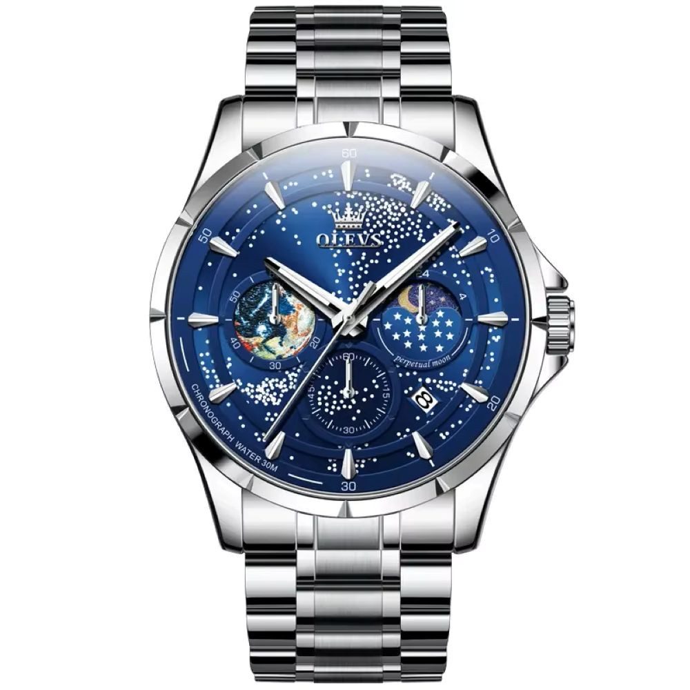 Quarzuhr OLEVS 5538 Herrenuhr Chrono Tag & Nacht Metallarmband Zifferbl Blau 5538