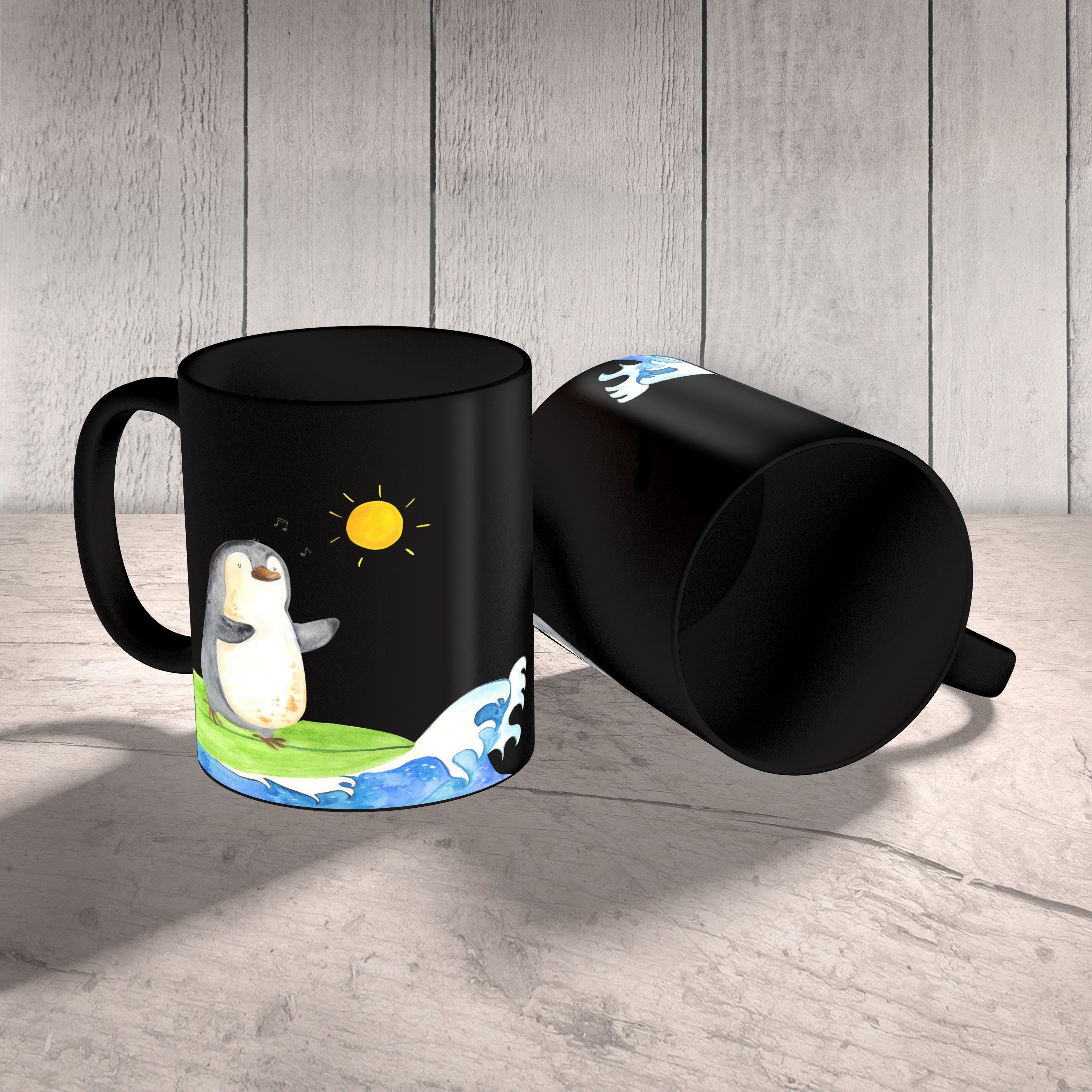 Geschenk, Mrs. & Motive, Tasse Surfer Schwarz Panda Tasse, Mr. - - Tasse Kaffeetasse, Keramik Pinguin Schwarz