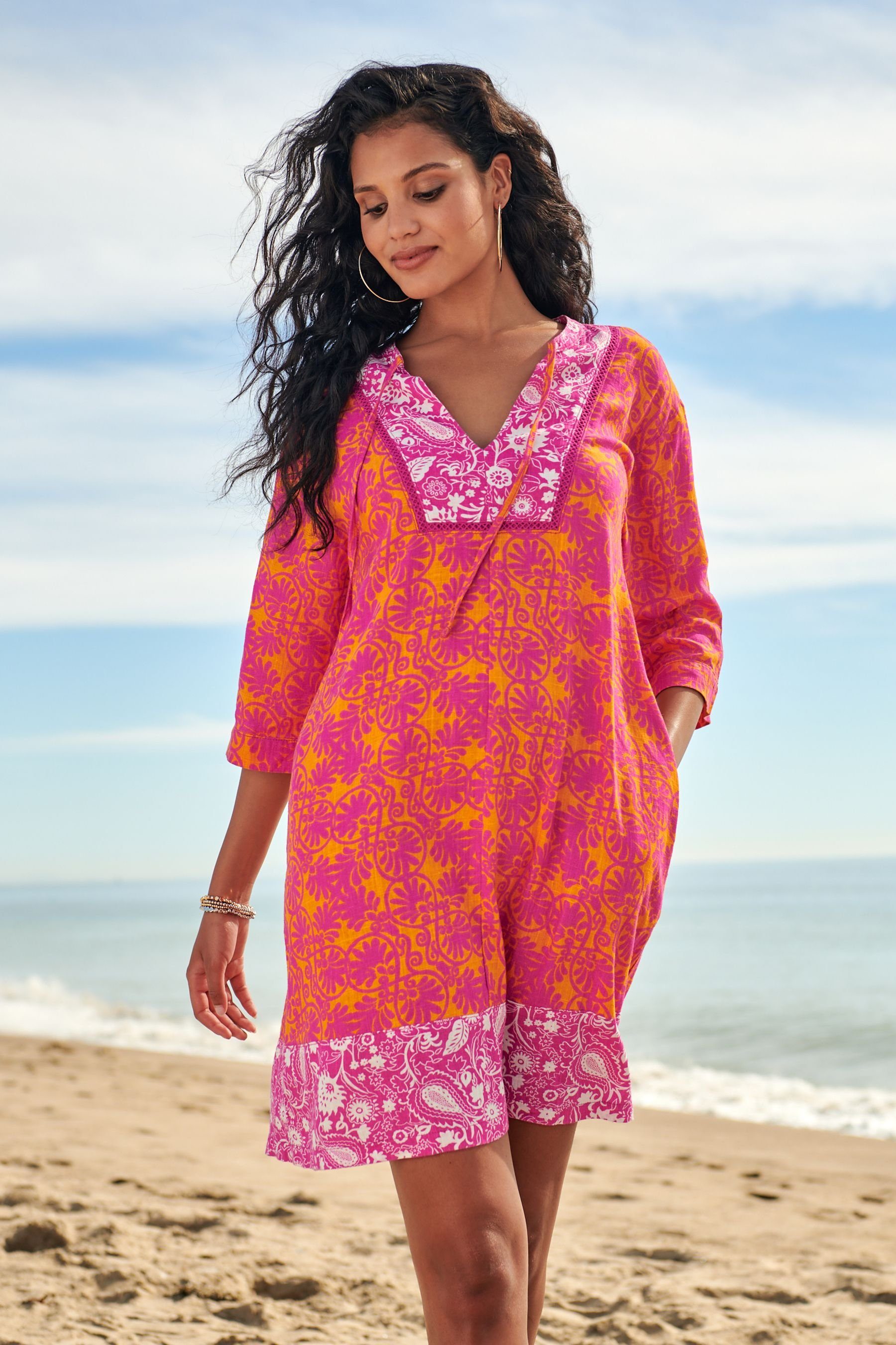 Next Sommerkleid (1-tlg) mit Splice Pink/Orange Leinen Kaftankleid Print
