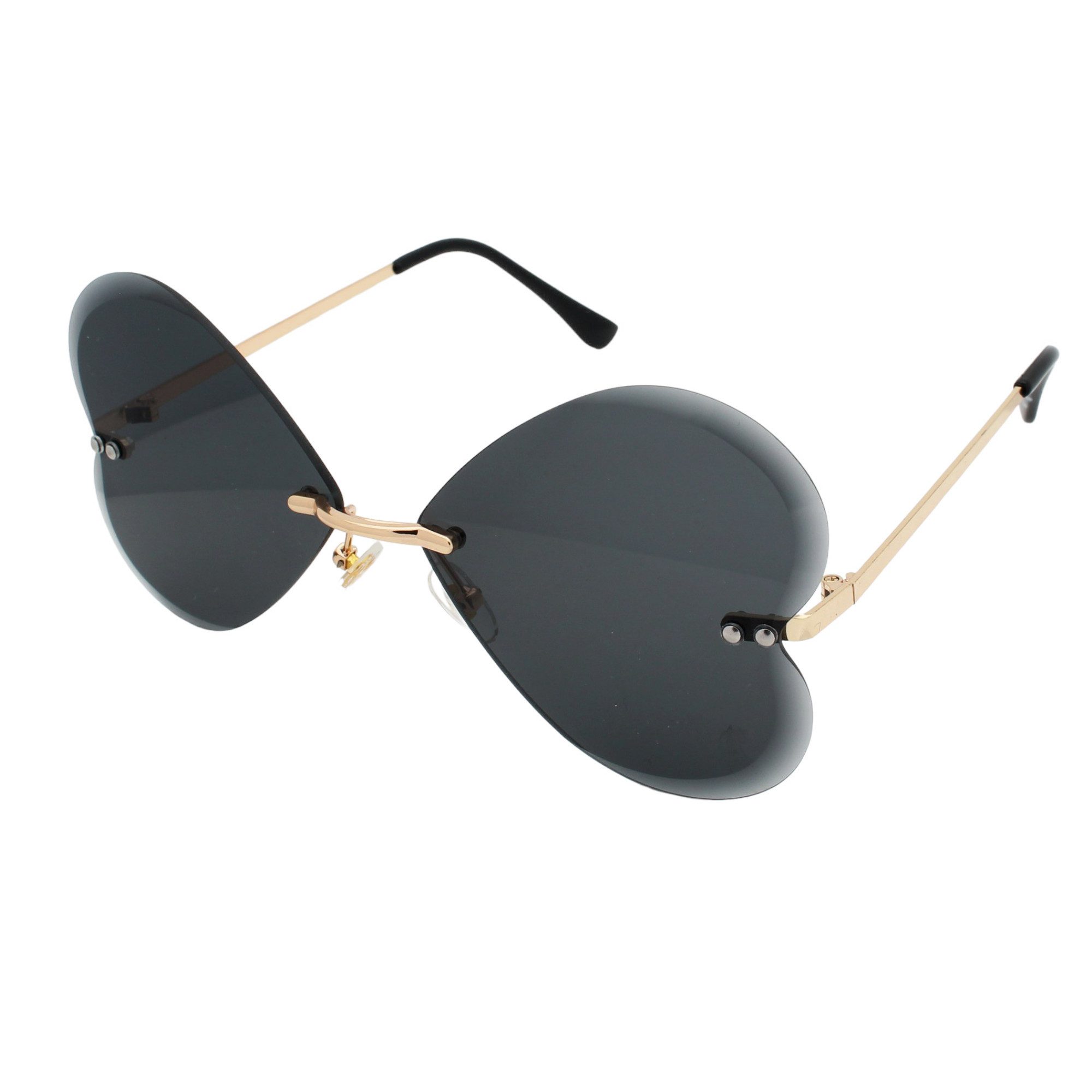 LUXXADA Sonnenbrille (Große Herz Form Festivalbrille Schwarz Gold mit Brillenbeutel) Gläser Schwarz Getönt Herzbrille mit Facettenschliff