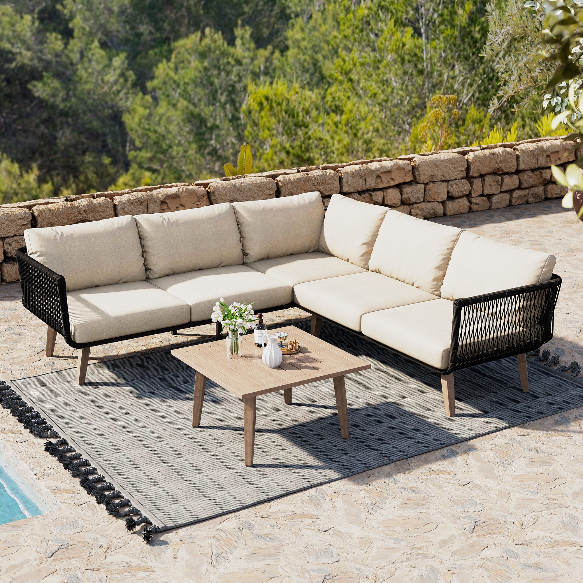 Flieks Gartenlounge-Set, 5-Sitzer Gartenmöbel, Sofa aus geflochtenem Seil, Tisch in Holzfarbe
