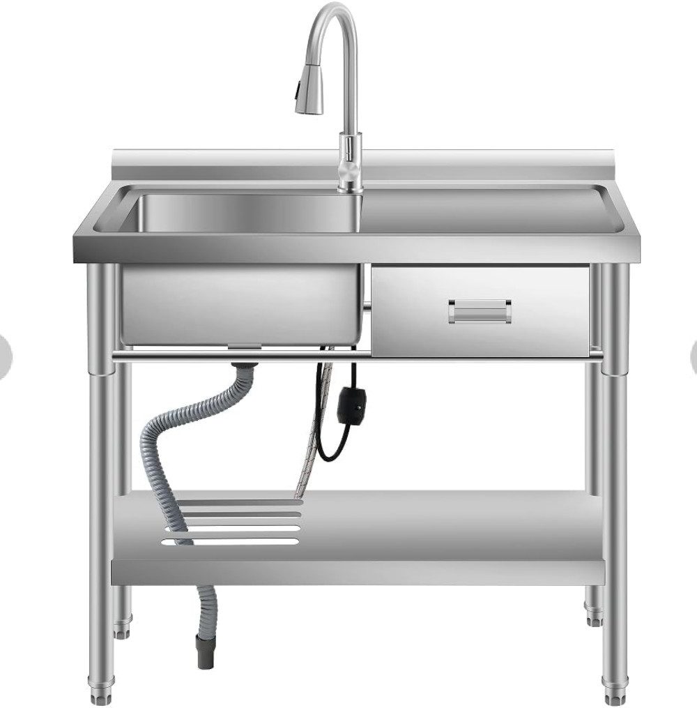 GarveeMore Waschbecken 304 Edelstahl-Spülenblock mit Schublade, 100 × 50 × 95 cm, Silber, 1 Becken & 1 Abtropffläche, ausziehbare Brause (Mitte)