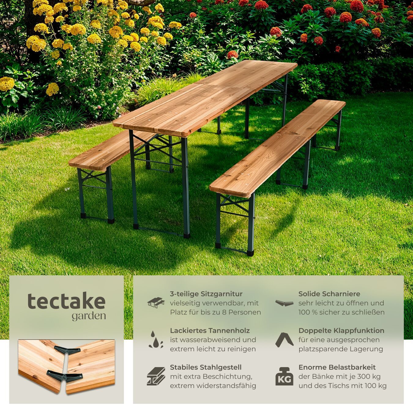 tectake Bierzeltgarnitur Ralf, (Set., 3-tlg., Komplettset), Sitzbankoberfläche & Oberfläche der Tischplatte mit Klarlack lackiert