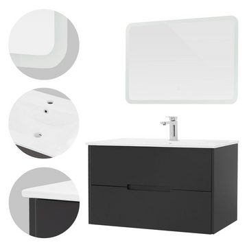ML-DESIGN Badezimmer-Set Waschtisch Badezimmermöbel Badezimmer Möbel Spiegel Badset, 3er Set Grau LED-Spiegel 90x60cm Waschtisch 91cm Keramik