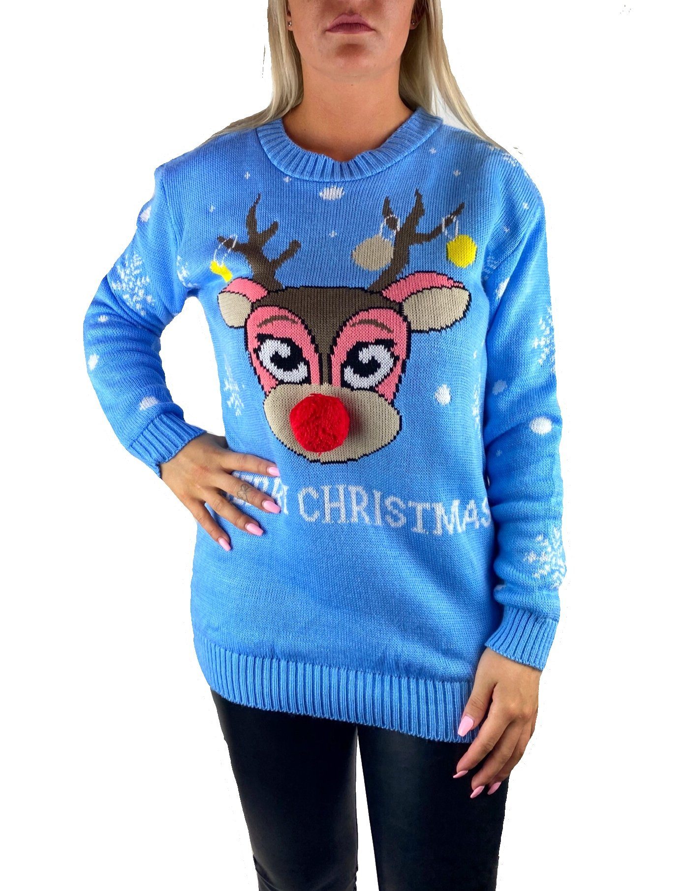 Worldclassca Weihnachtspullover Worldclassca Weihnachten Merry Christmas Sweater Damen Pullover Teenager Mädchen Pulli Weihnachtspullover Xmas Rudolph Rentier Rote Bommel Nase S-XXL Hellblau-2