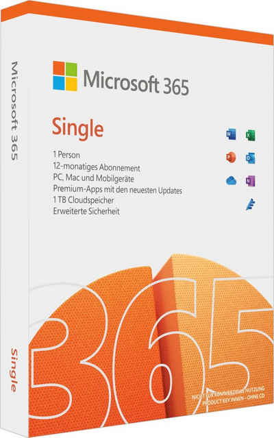 Microsoft original Microsoft 365 Single f. 1 Person, Premium-Office-Apps, 1 TB OneDrive Cloudspeicher,12 Monate, Product Key in Box (Officeprogramm, Lizenzschlüssel)