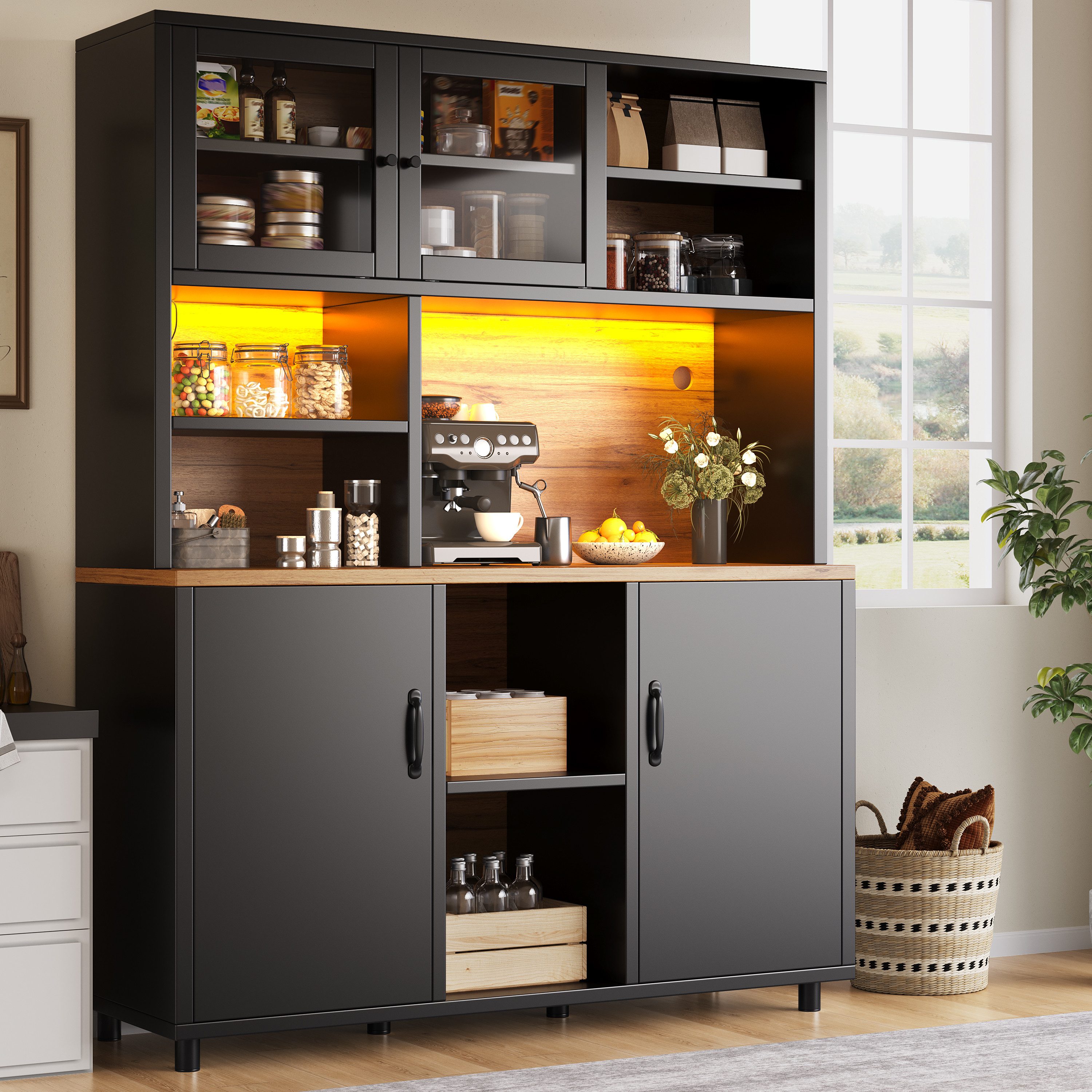 MODFU Hochschrank Küchenschrank Esszimmerschrank (mit Stauraum, 4 Sitzelementen, 2 Fußhockern, Kissen und Chenille-Bezug auf Massivholzrahmen., 1-St., 120 × 40 × 185 cm)