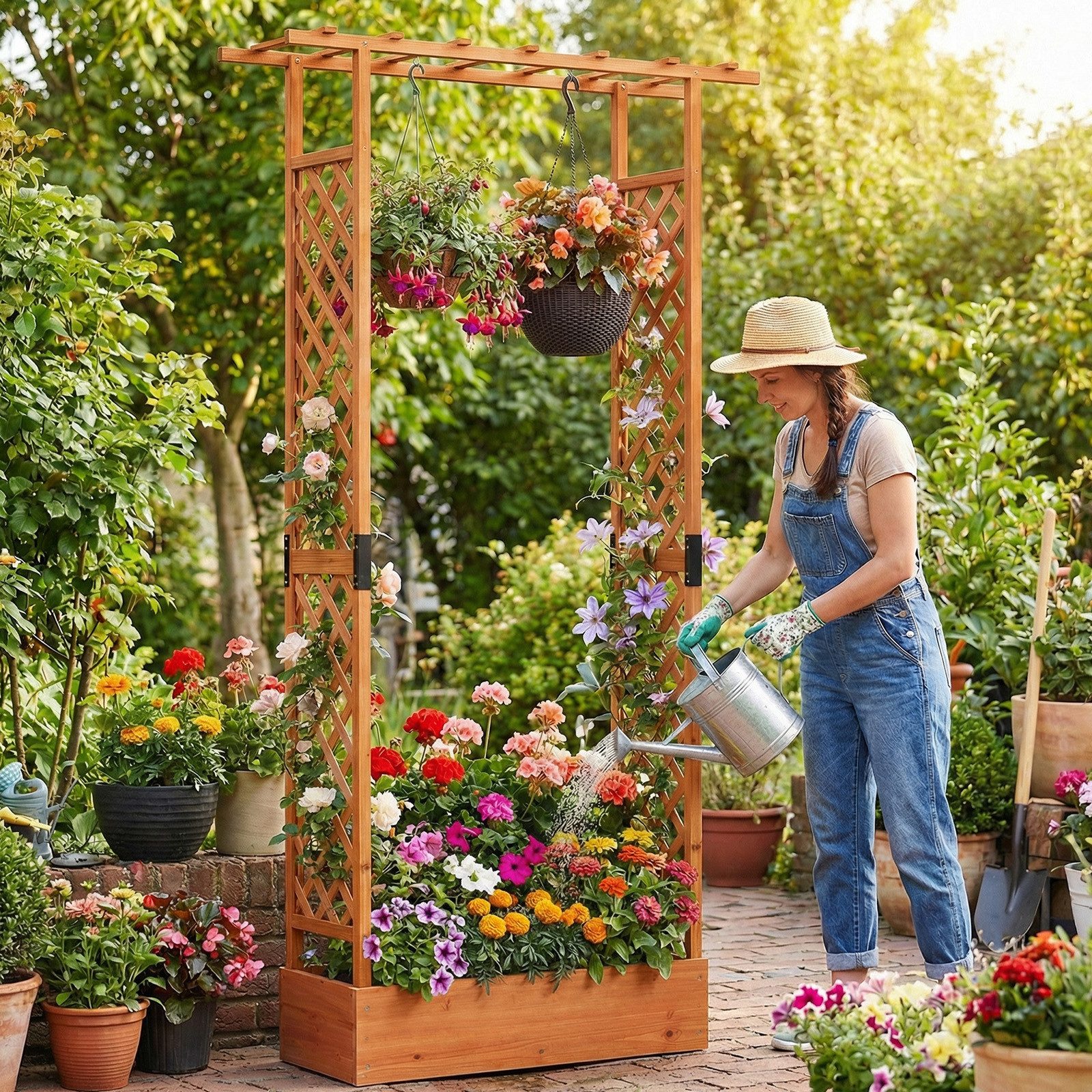COSTWAY Blumenkasten (1 St), mit Rankgitter, Hochbeet für Kletterpflanzen, Sichtschutz
