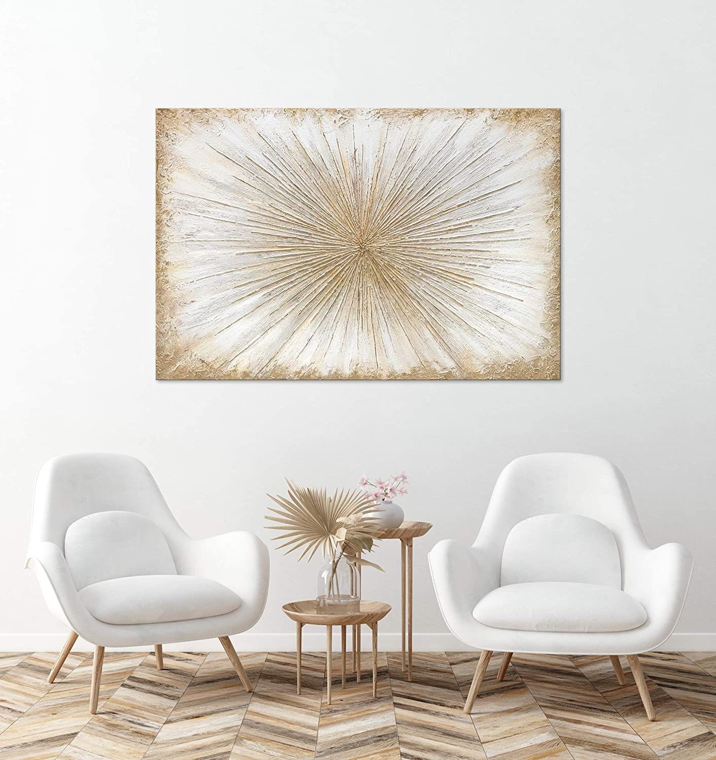 YS-Art Gemälde Sonnenstrahlen, Abstrakte Bilder, Weiß Gold Handgemalt Abstraktes Bild Leinwand