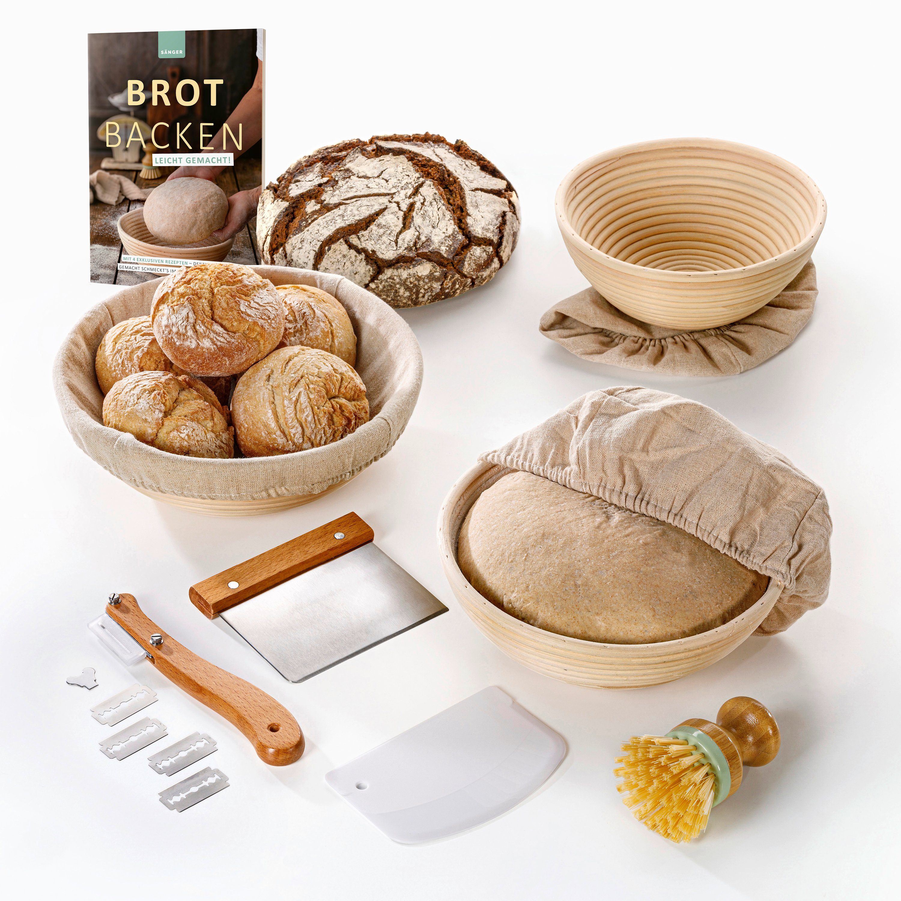 SÄNGER Gärkorb Heidelberg Gärkörbchen Set rund, (Set 11-tlg), inkl. Rezeptbuch, Peddingrohr, Brot-Back-Set