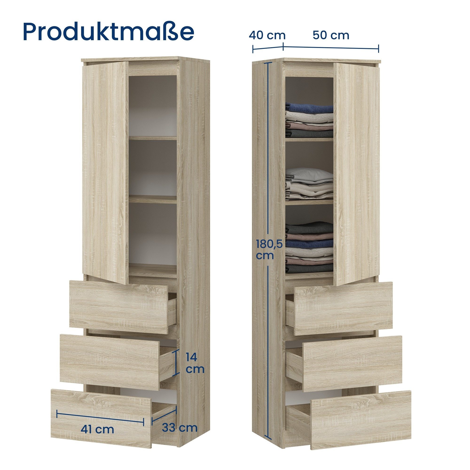 Home Collective Kleiderschrank Garderobenschrank Mehrzweckschrank Schrank platzsparend & vielseitig (50x40x180,5 cm (BxTxH), ideal für Schlafzimmer Flur & Arbeitszimmer) mit 1 Tür 3 Einlegeböden & 3 Schubladen in sonoma
