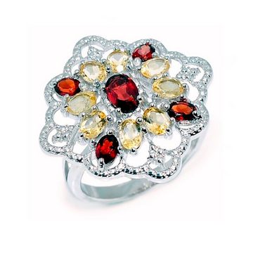 Goldene Hufeisen Silberring Citrin Granat Ring aus 925 Sterlingsilber Damen echte Edelsteine, Rhodiniert