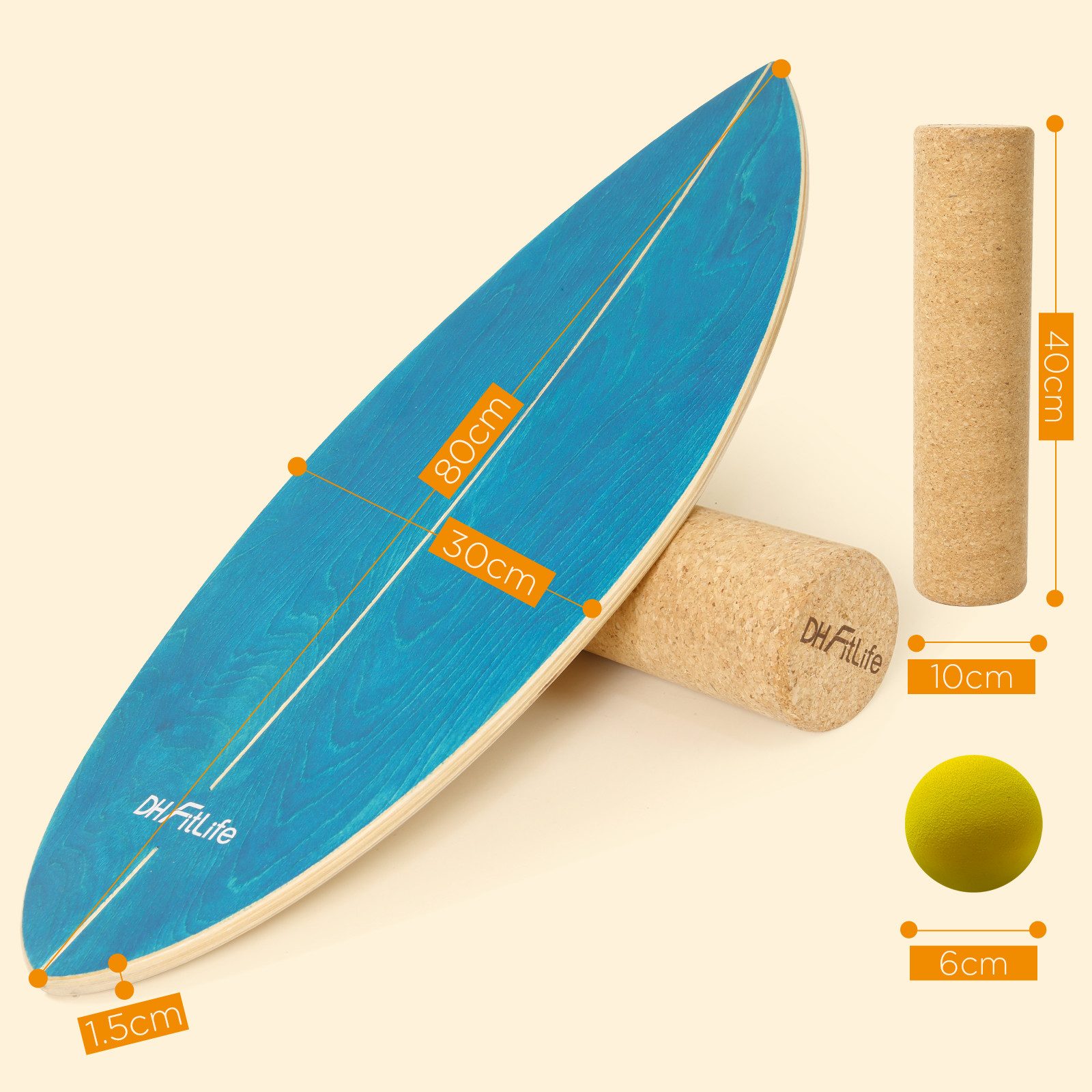 DH FitLife Balanceboard Surf Balance Board Set mit Korkrolle und Balance Ball, Für Balance, Koordination, Core-Training und Surf-Feeling
