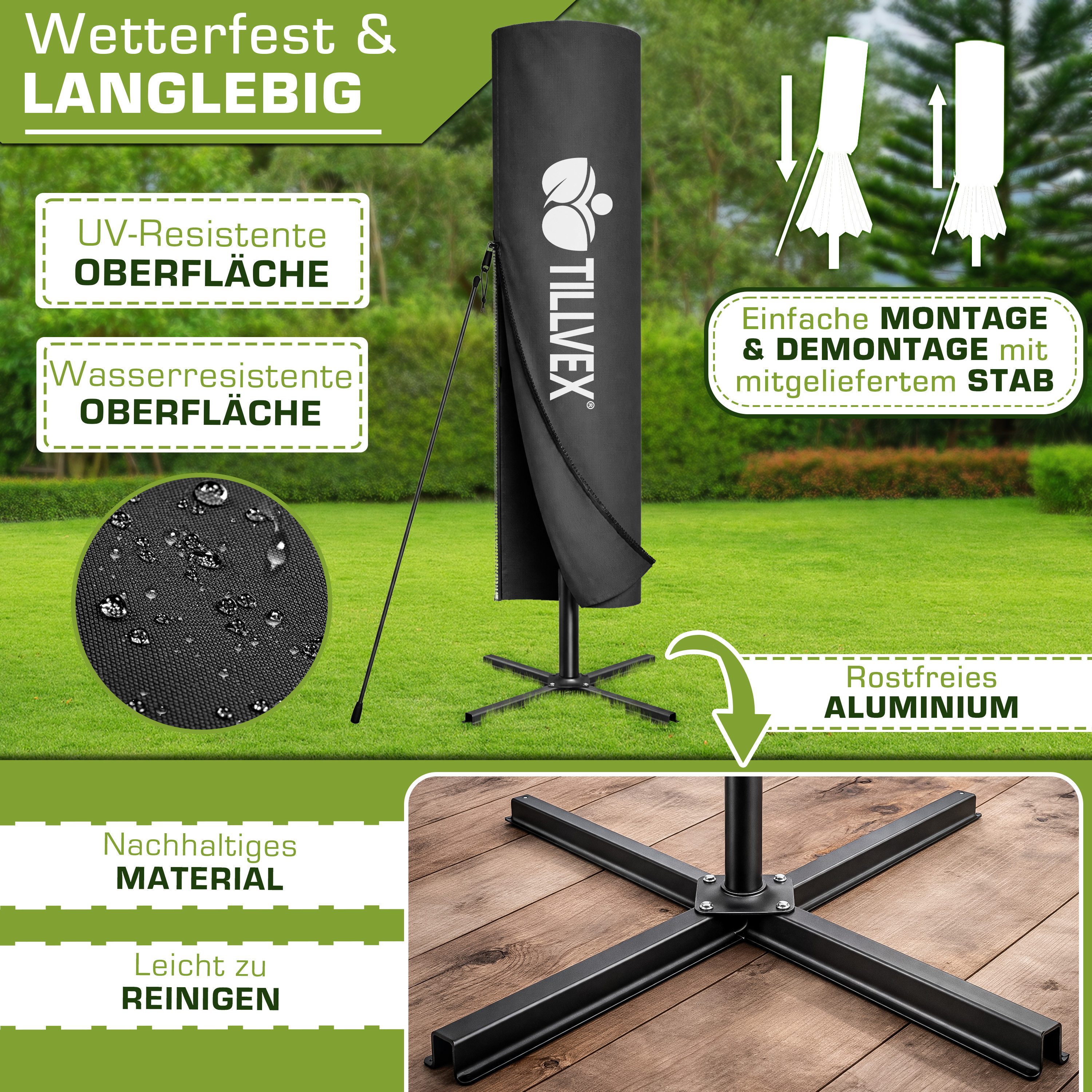 tillvex Sonnenschirm tillvex® Sonnenschirm eckig 235 x 235 cm Ampelschirm Gartenschirm, Kurbelschirm Marktschirm wasserdicht 360° drehbar, mit Kurbel & Windschu – Bild 4 von 5