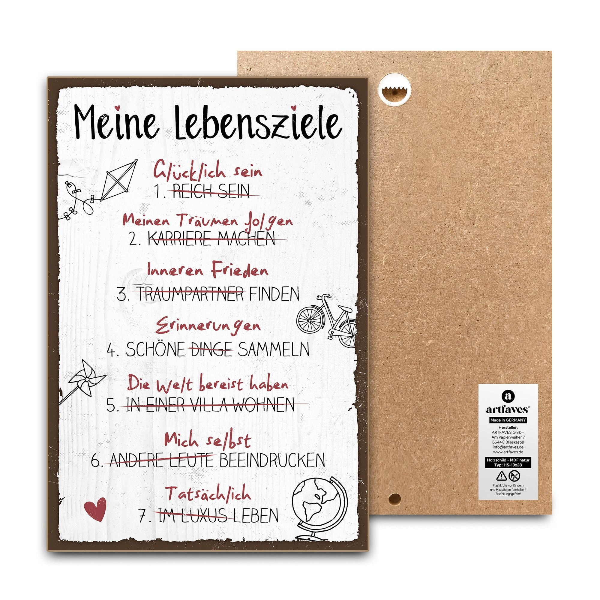 ARTFAVES Holzbild Schild mit Spruch - MEINE LEBENSZIELE - Glücklichsein, Achtsamkeit