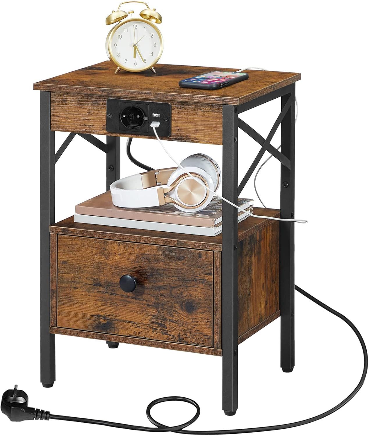 Hoobro Nachttisch mit Ladestation (40×30×60 cm, klappbare Schublade, verstecktes Kabelmanagement), USB-A/USB-C & Steckdose, Nachtschrank im Industrial-Design
