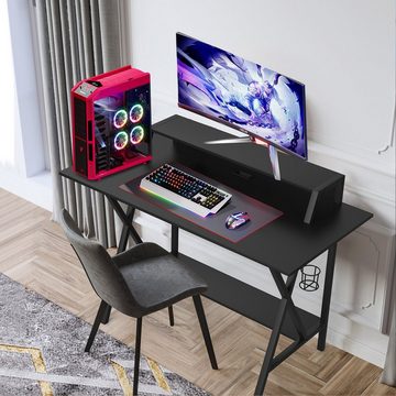 COSTWAY Gamingtisch, 122 x 60 cm, mit Monitorständer & Regal, Stahlrahmen