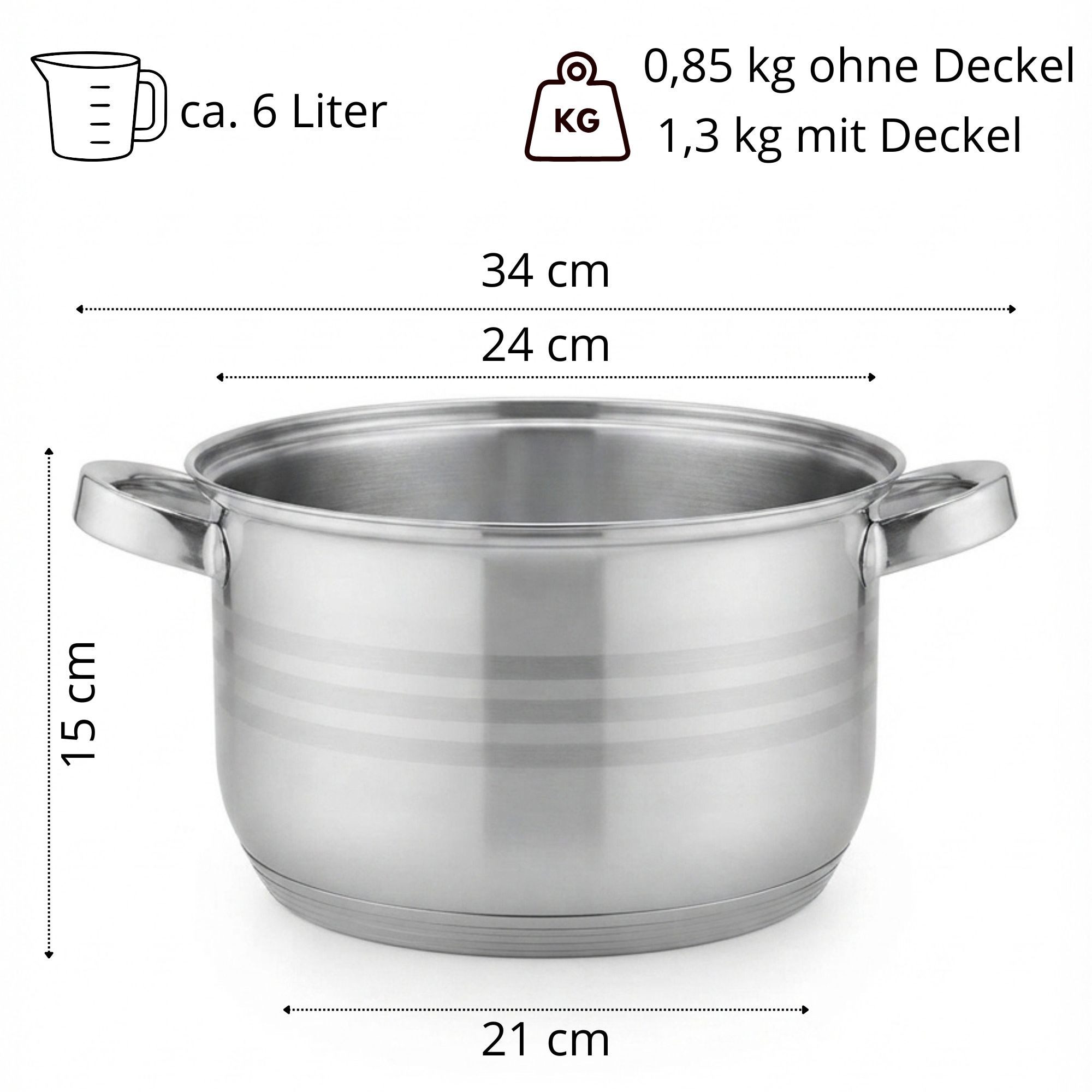 4BIG.fun Suppentopf Edelstahl Kochtopf 6 L mit Glasdeckel - Profi-Topf 24 cm Kapselboden, Edelstahl (Gemüsetopf Fleischtopf Schmortopf, Kapselboden Literskala D – Bild 2 von 5