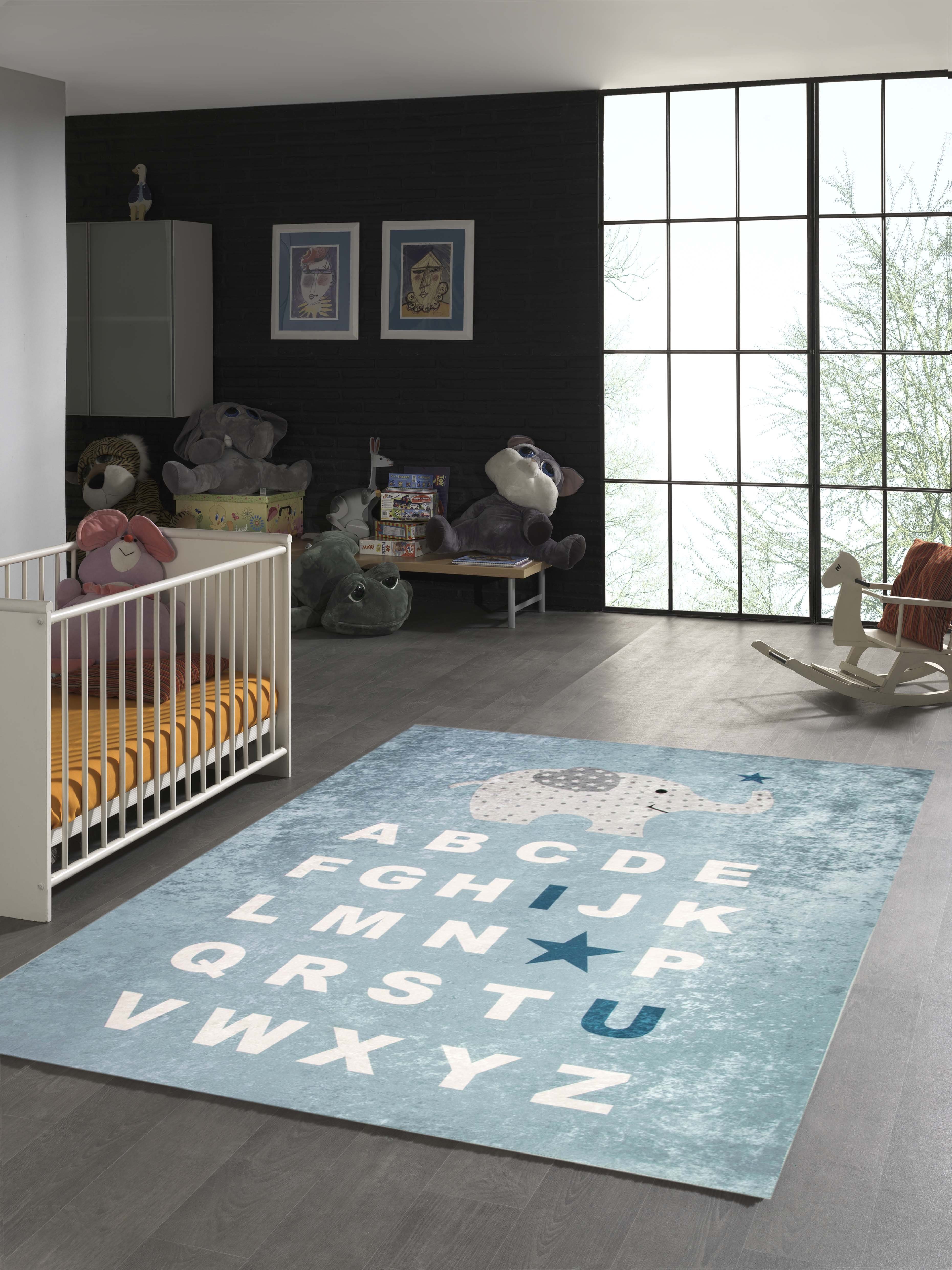 Kinderteppich Kinderteppich ABC mit Elefant in Blau, TeppichHome24, Rund,  Höhe: 0.5 mm | Kurzflor-Teppiche