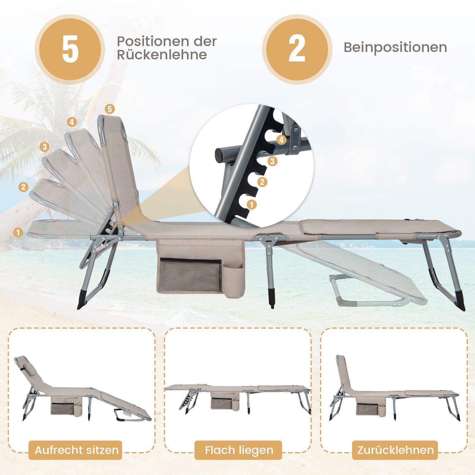COSTWAY Gartenliege Sonnenliege, faltbar mit Kopfkissen, Alu