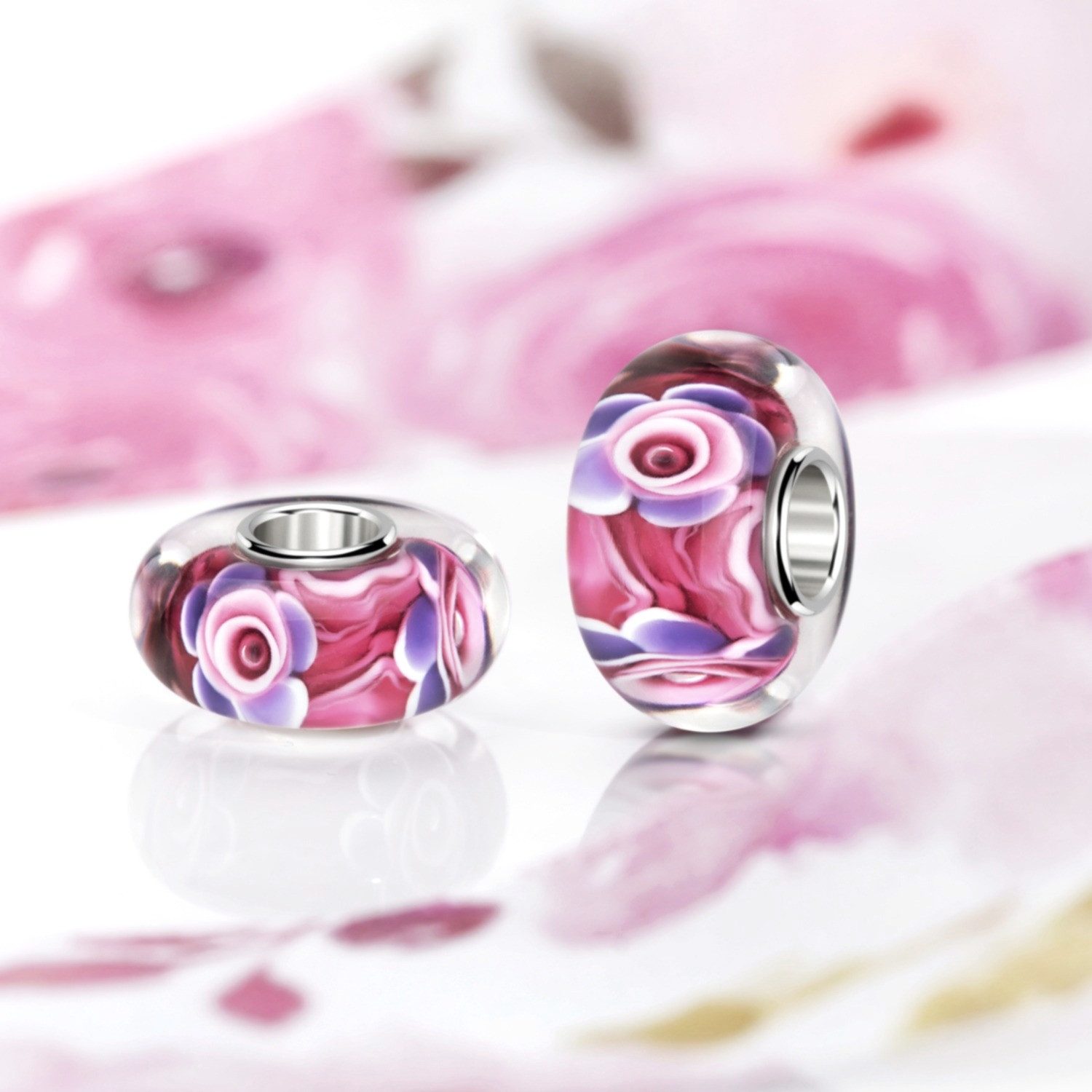 Materia Bead Blumen / Blüten Rot Lila Pink 435, Hülse aus 925 Sterling Silber