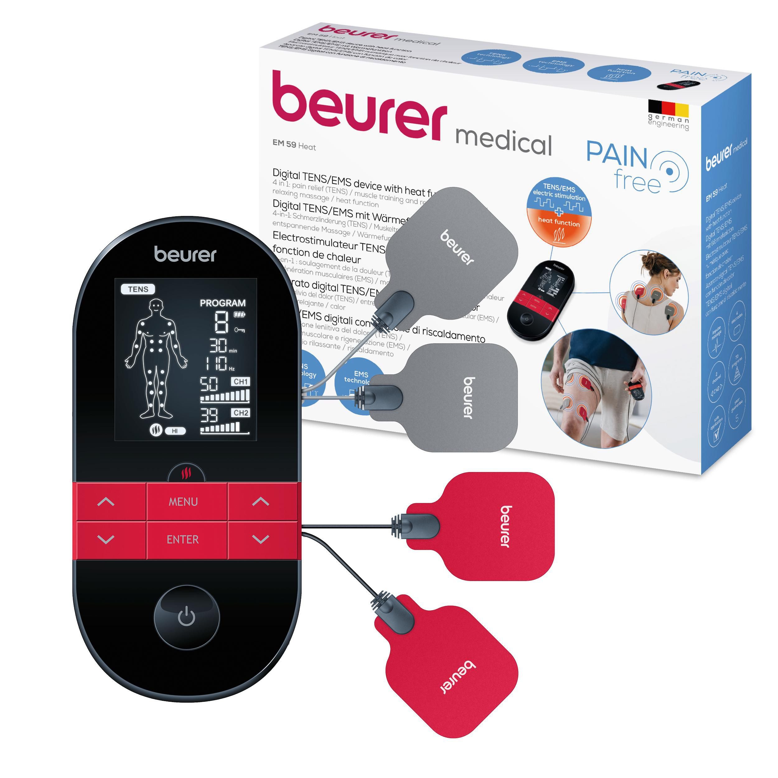 BEURER TENS-EMS-Gerät EM 59 Heat, Reizstromgerät mit Wärmefunktion und 4 Elektroden, 3-in-1: TENS (Schmerzlinderung), EMS (Muskelstimulation) und Massage