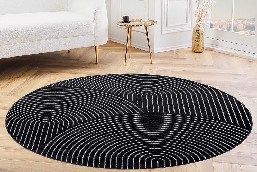 Teppich ILLUSION Ø160cm schwarz, riess-ambiente, rund, Höhe: 5 mm, Wohnzimmer · Baumwolle · Viskose · geometrisches Design · Kurzflor