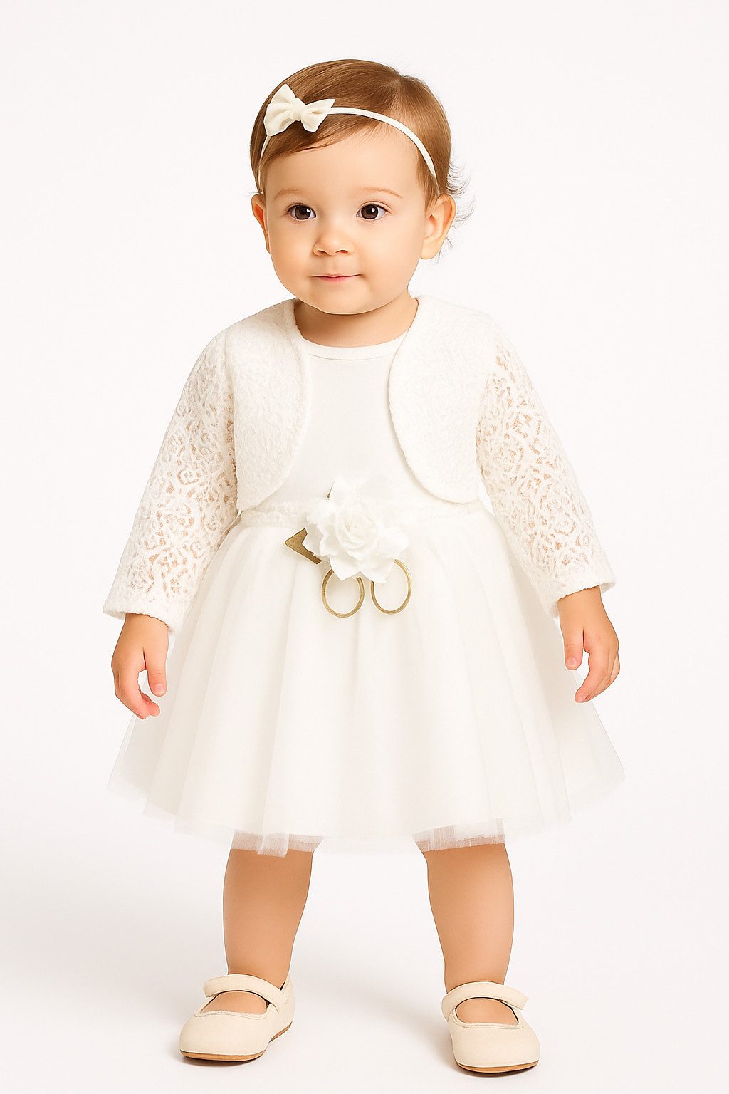 Lorey Medtec Taufkleid Mädchen Kleid, Prinzessin Kleid mit Jäckchen, Baumwolle, Weiß (Kleid + Jäckchen) Spitze