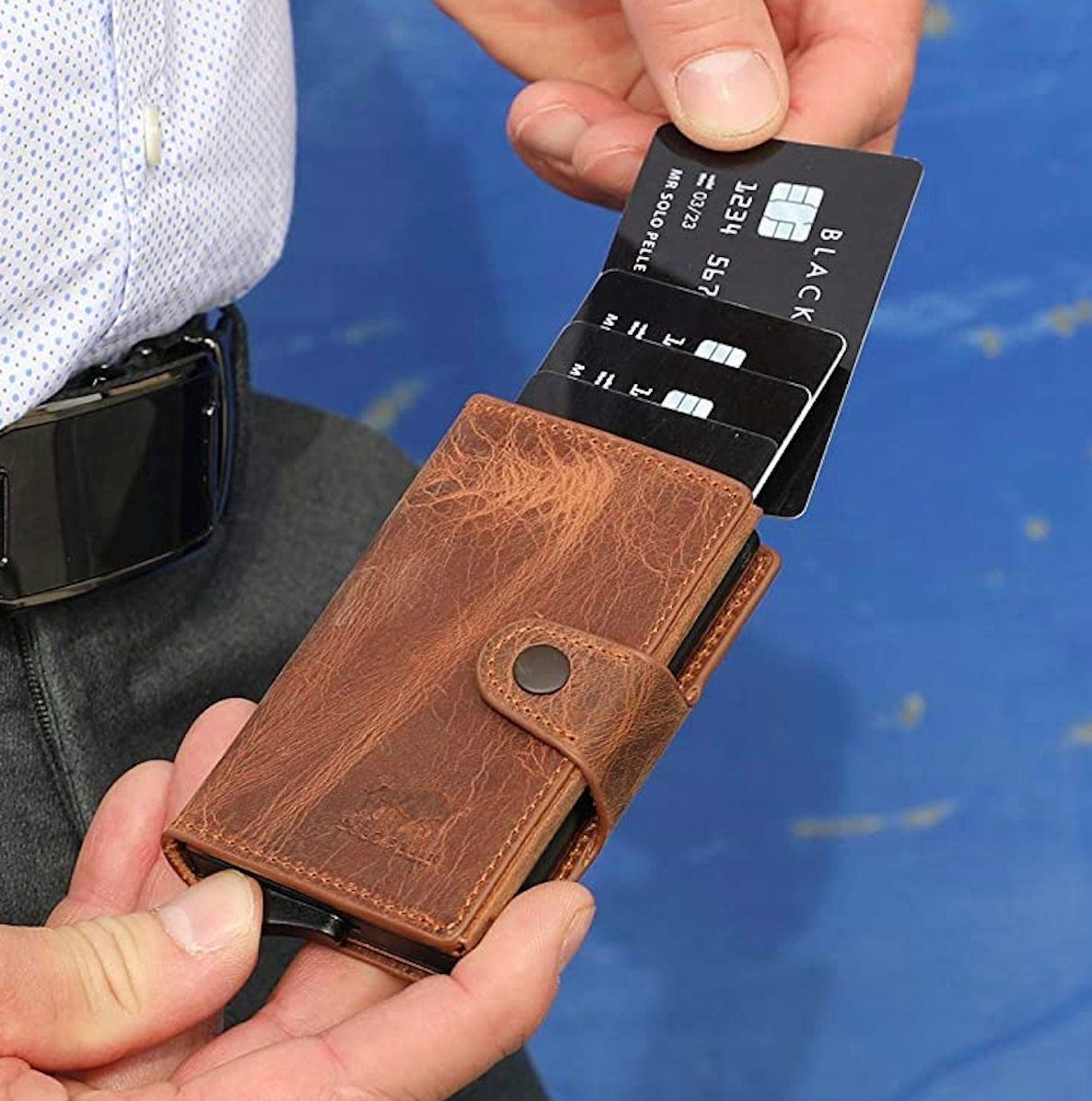 Solo Pelle Mini Geldbörse Slim Wallet Mondo ohne Münzfach [bis zu 13 Karten] [RFID-Schutz], echt Leder, Made in Europe, mit RFID Schutz Vintage Braun