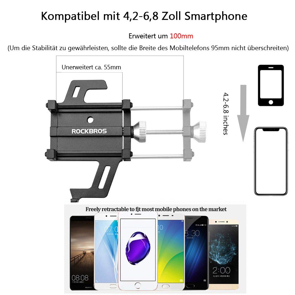 Handy-Halterung, 6,50 Zoll, ROCKBROS 360° Smartphone-Halterungen, Schwarz Motorrad Ebikes/ (bis Phone-699-BK Halterung, Drehung)