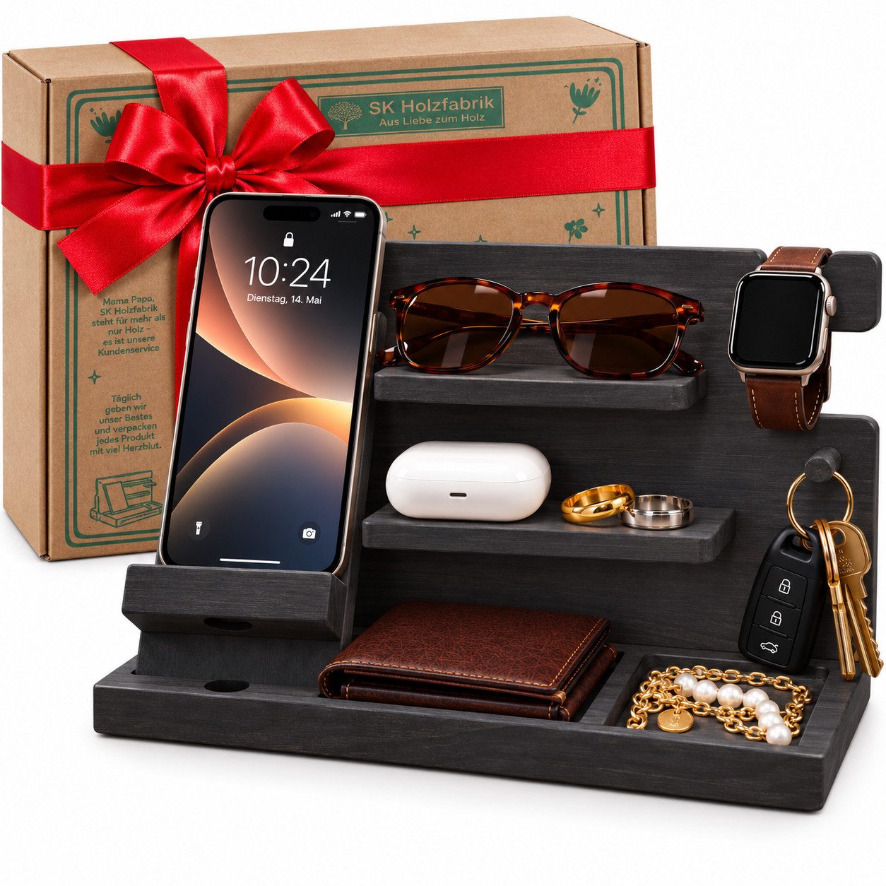 PEGSEN Nachttisch Organizer für den Schreibtisch Dockingstation Aufbewahrung aus Holz (Aufbewahrung für Uhr, Kopfhörer, Brille, Tablet & …