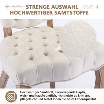 WISHDOR Esszimmerstuhl Leinen, 2er-Set, Vintage-Küchenstühle mit getufteten Knöpfen, Beine aus Massivholz, creme