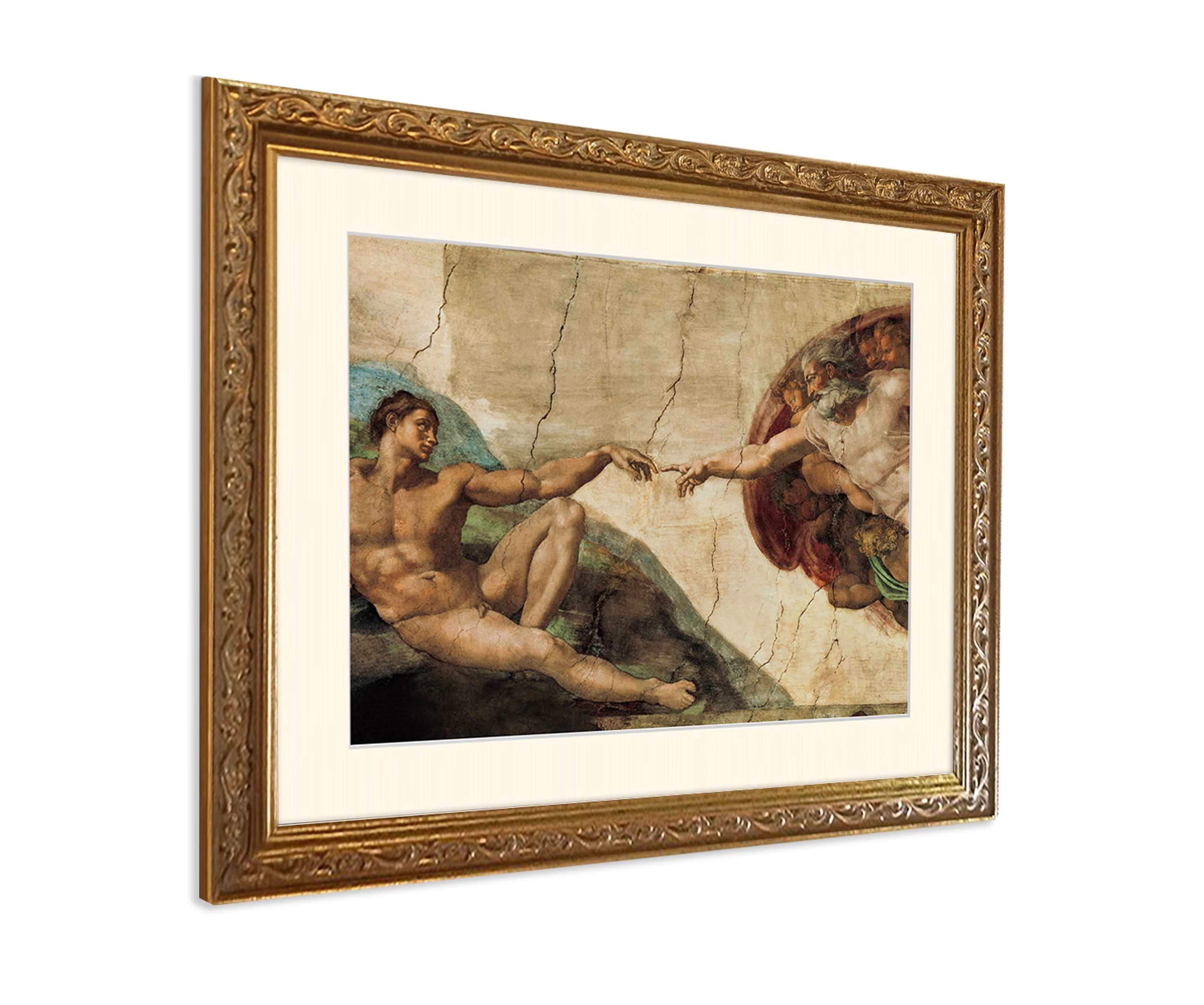 artissimo Bild mit Rahmen Wandbild gerahmt 53x63 cm Kunstdruck mit Passepartout & Barock-Rahmen, Michelangelo: La Creatione die Adamo / Hände