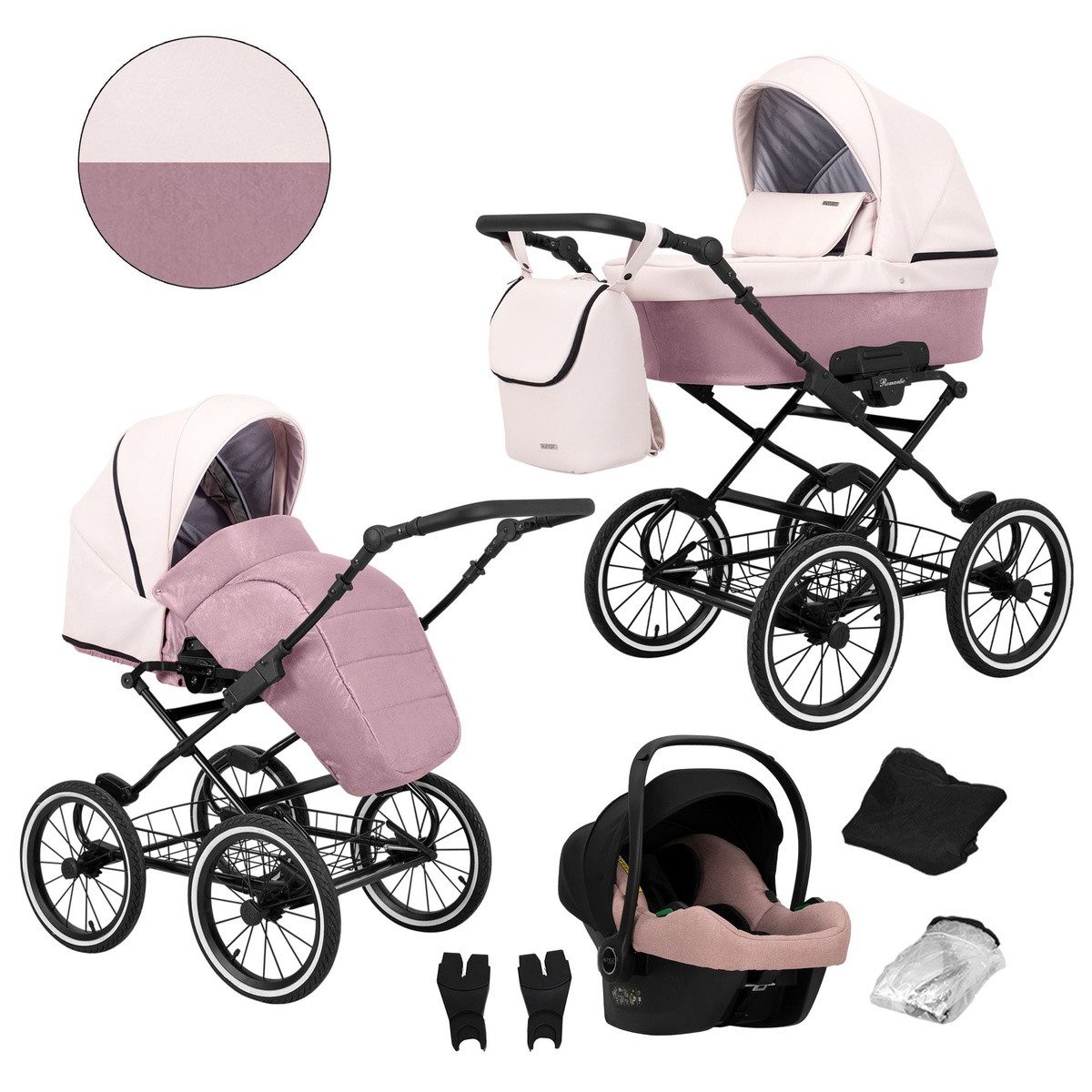 KUNERT Kombi-Kinderwagen Romantic 3-in-1 Öko-Leder Kinderwagen mit Cosmo Autositz, Große Tragewanne, stabiler Stahlrahmen, verstellbare Rückenlehne
