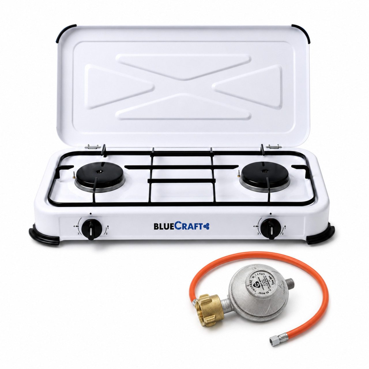 BlueCraft Gaskocher 2 flammig mit Zündsicherung 50mbar Propan Gas Campingkocher 4,4 kW, (mit Schlauch 100 cm und Gas Regler Druckminderer), Camping Gas Kocher 2 flammen für Gasflasche Gasherd Gas-Kochfeld