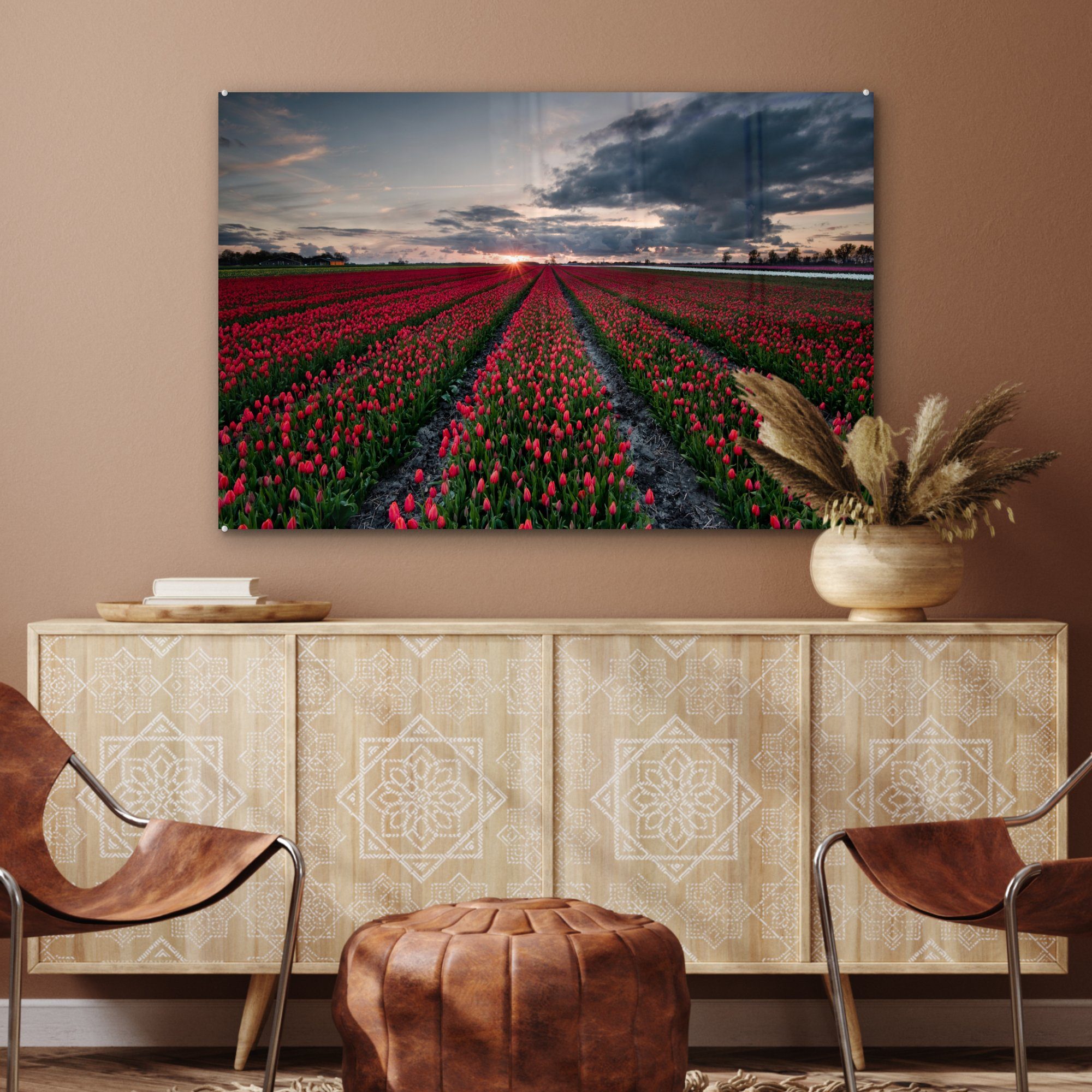 Acrylglasbild Schlafzimmer (1 Ein Niederlande, der St), rotes Acrylglasbilder Nordosten Tulpenfeld im & MuchoWow Wohnzimmer