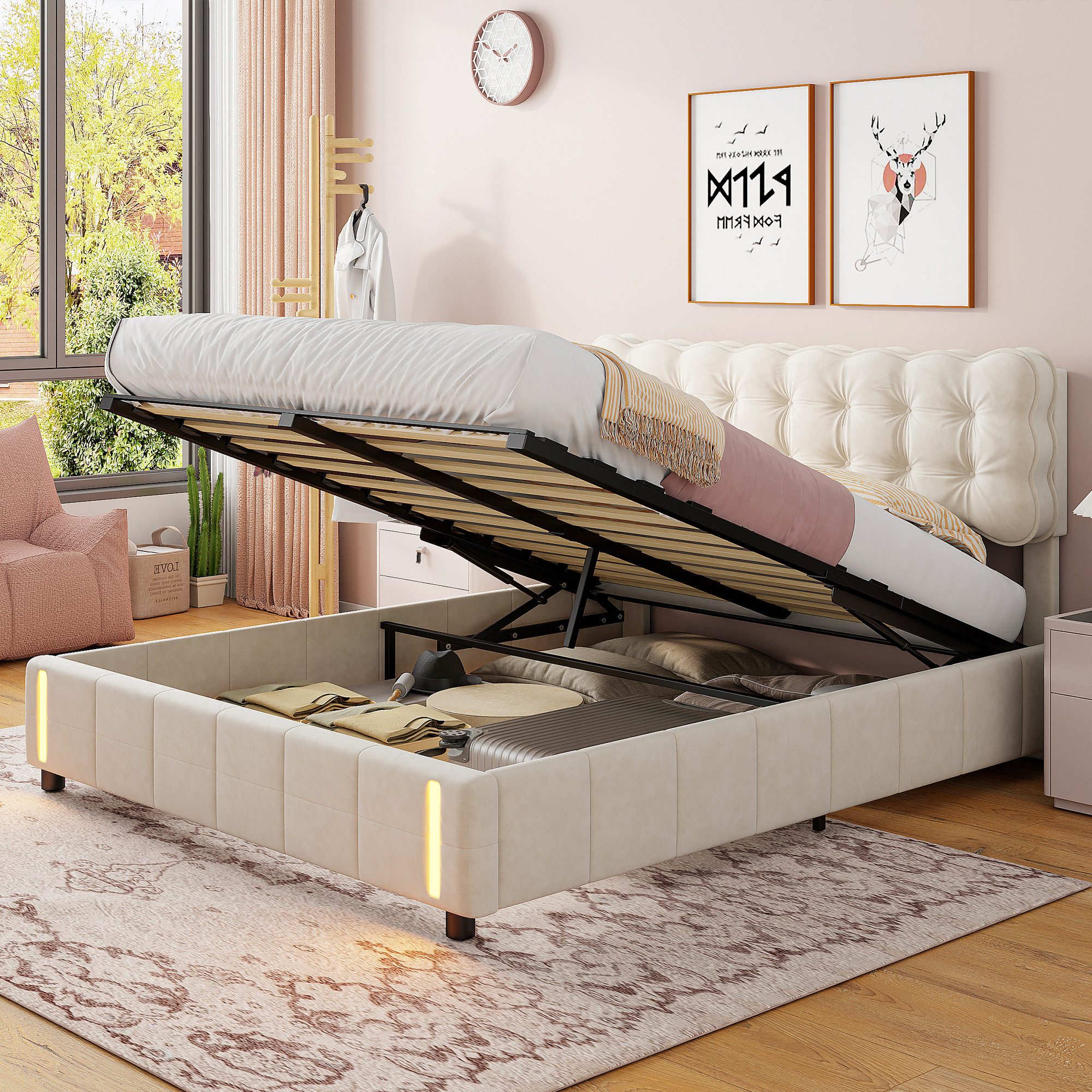 NMCXXO Polsterbett Elegantes Polsterbett mit LED-Beleuchtung und luxuriösem Kopfteil, Stilvolles Design mit komfortablem Kopfteil und sanfter Beleuchtung.