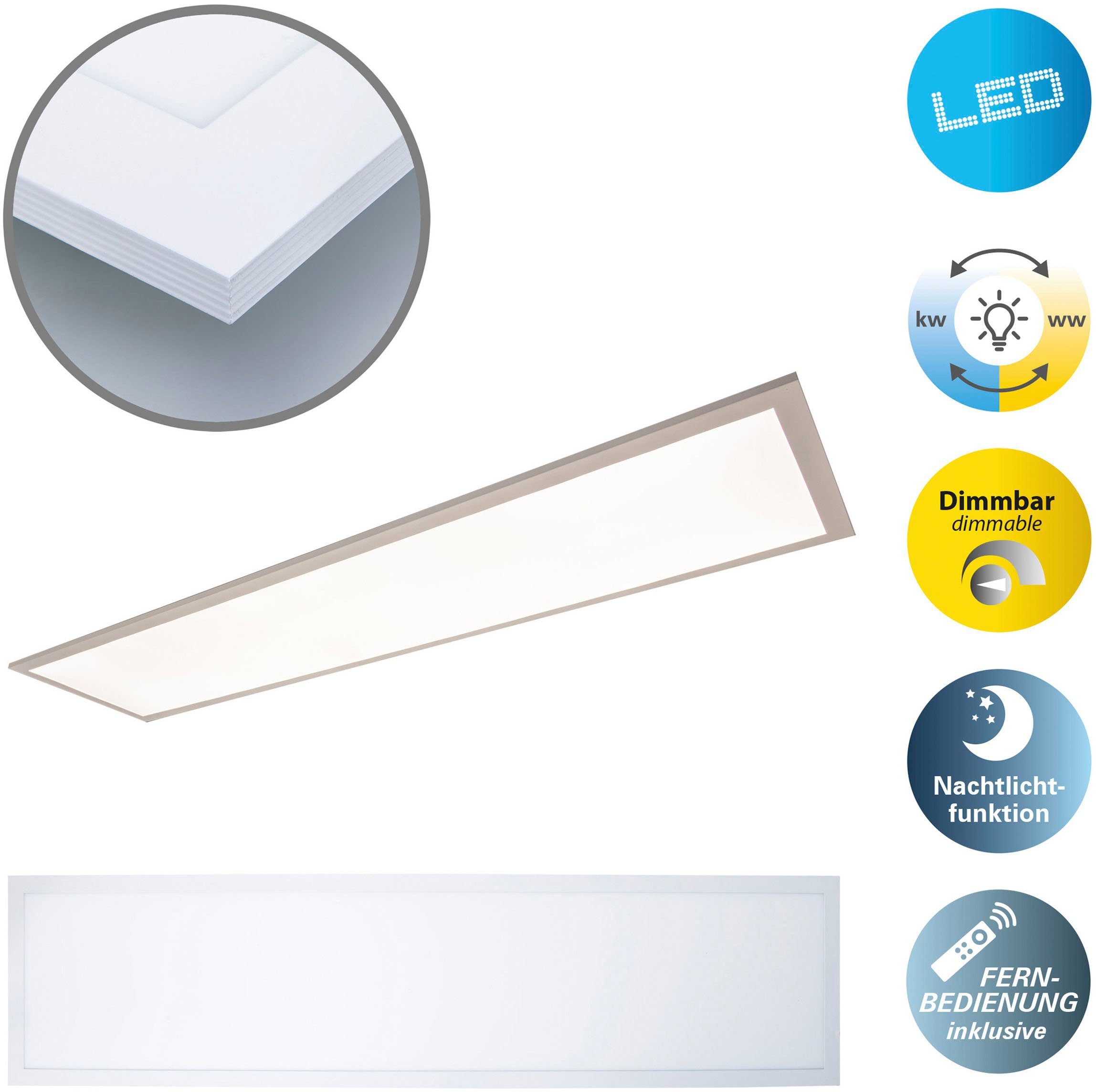 CCT, Lichtfarbe Neutralweiß, Helligkeitsstufen, CCT integriert, wechselbar, LED dimmbar, Fernbedienung, warmweiß/neutralweiß Lichtfarbe: mehrere fest über - Panel Nico, LED Warmweiß, Deckenleuchte Nachtlichtfunktion, näve Kaltweiß, Dimmfunktion,