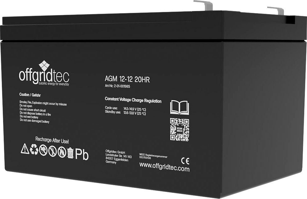 V), (12 20HR Extrem Akku AGM-Batterie zyklenfest offgridtec Solar Batterie 12V/12Ah Akku