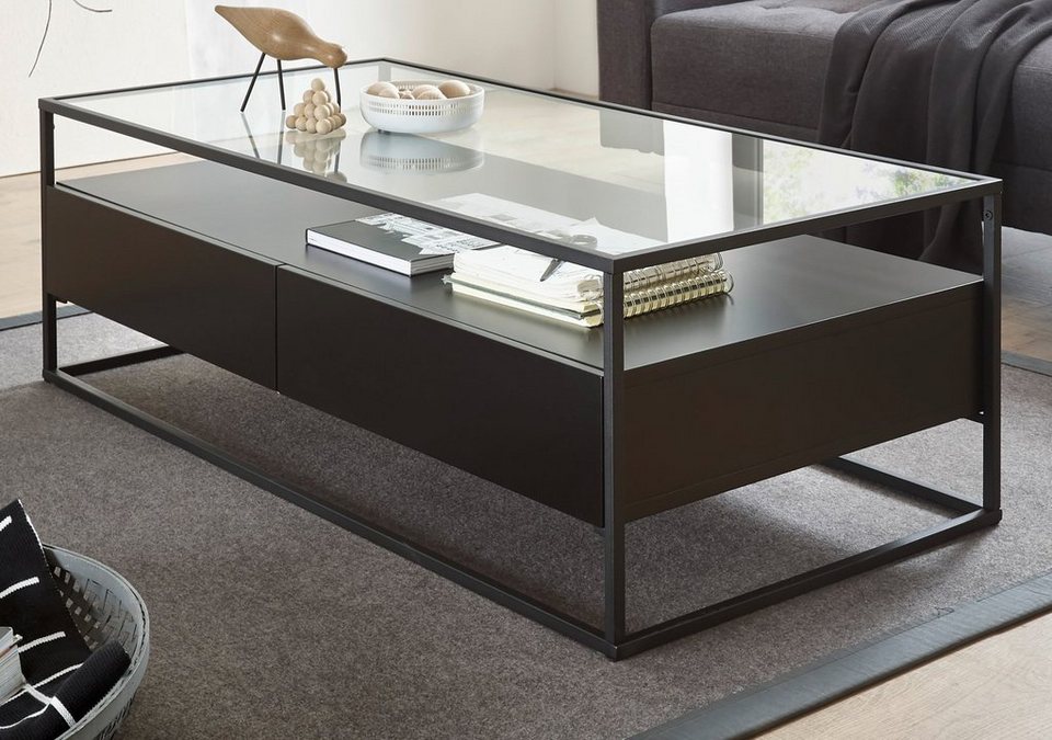 MCA furniture Couchtisch Evora, mit Glas und 2 Schubladen mit Push to open,  Das Tischgestell ist schwarz und aus Metall, die Auszüge sind ohne Griffe