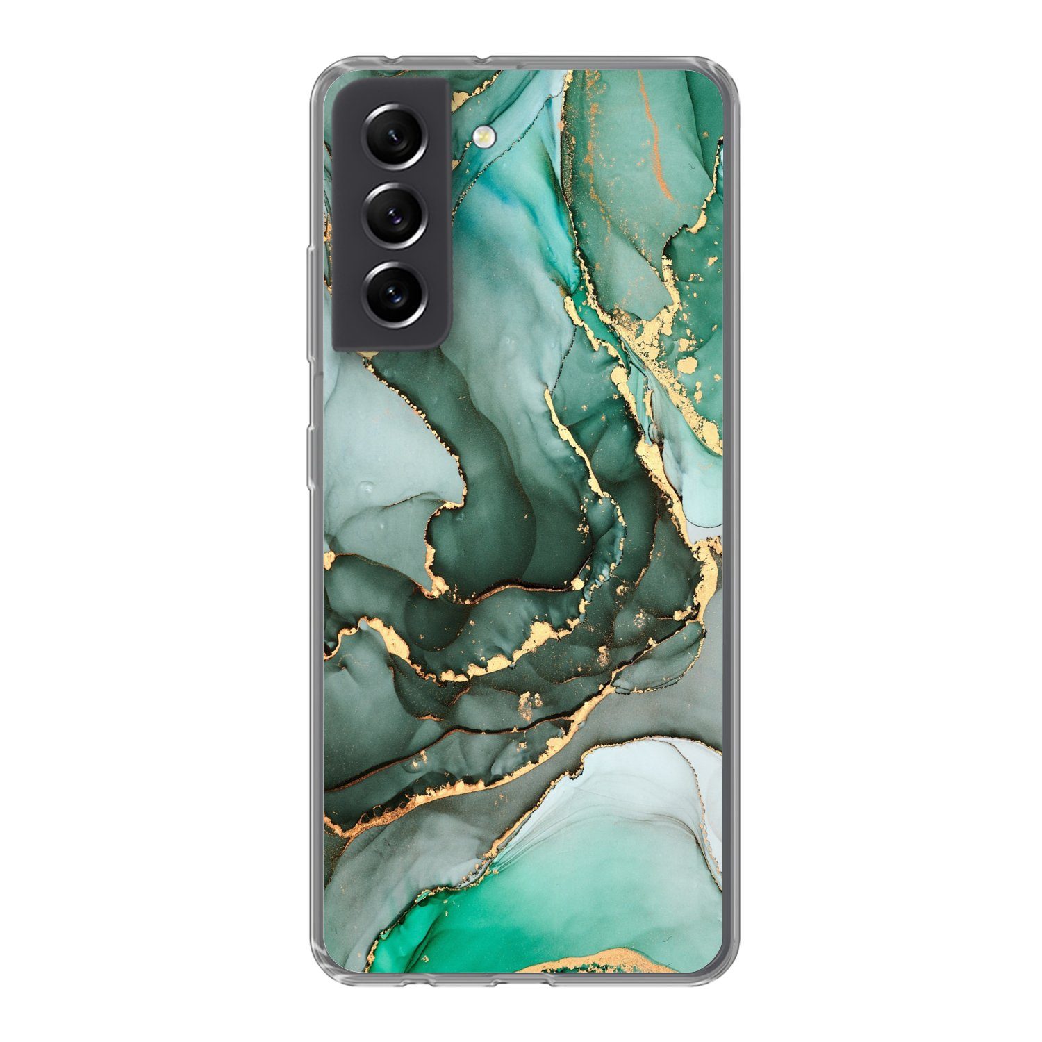 MuchoWow Handyhülle für Samsung Galaxy S21 FE Gold - Marmor - Grün - Luxus - Marmoroptik -, Phone Case, Silikon, Schutzhülle Dünn
