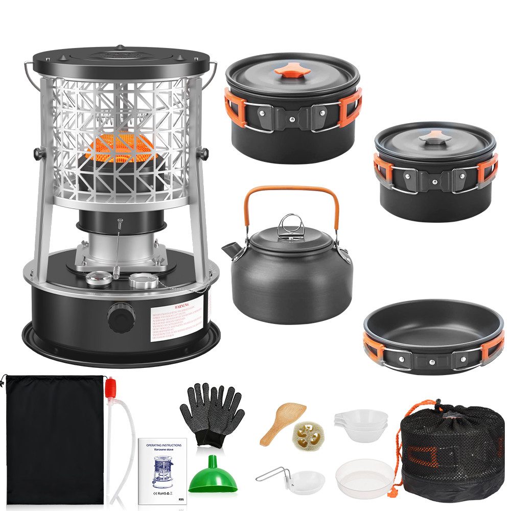 GLIESE Petroleumheizung Ölheizstrahler R95 mit Topf-Set für Wanderungen, Camping Picknicks, 2600 W, Petroleumheizung,Topf, Kaffeekanne,Bratpfann, Esslöffel, Schüsseln
