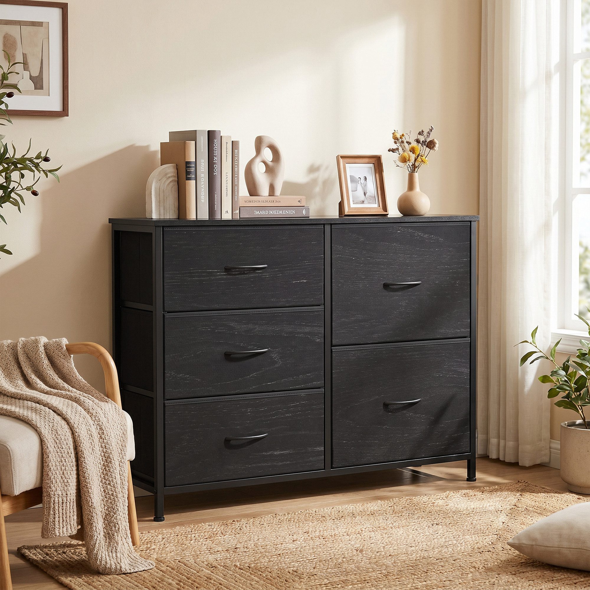 SONGMICS Kommode mit Stoffschubladen, für Schlafzimmer, Wohnzimmer, Flur, Aufbewahrungsschrank mit 5 Schubladen, 98,7 x 30 x 74,7 cm