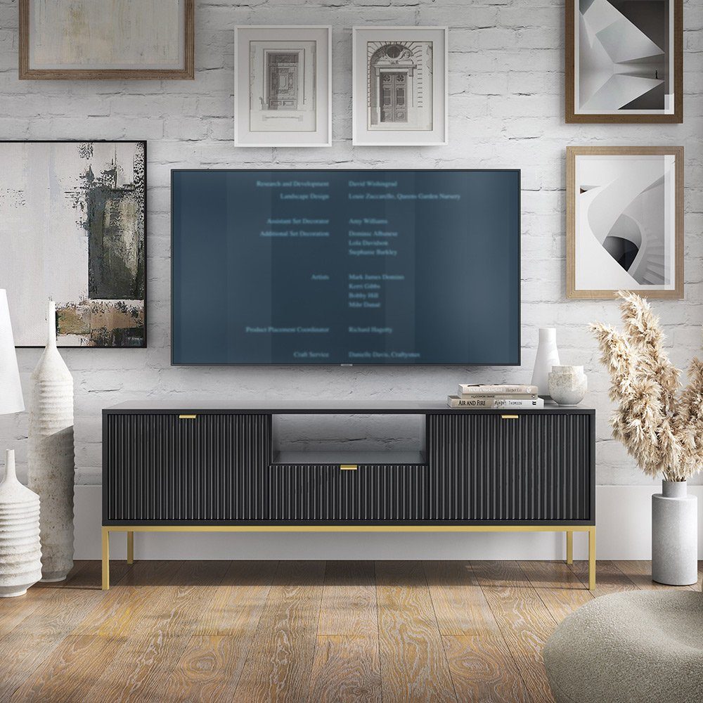 Lomadox Lowboard NEWCASTLE-160, Fernsehschrank, schwarz, Fußgestell goldfarben, Griffe goldfarben